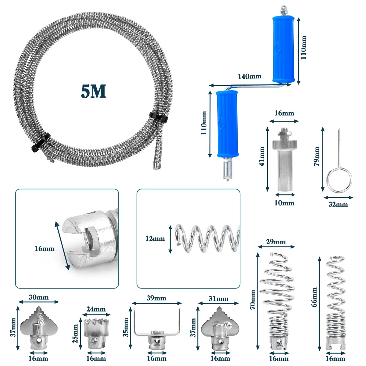 Furet Déboucheur Canalisation Kit avec 6 Têtes Industrielles | 5M Longueur, 12mm Diamètre avec Adaptateur Manuel & Électrique pour Débouchage Intensif et Nettoyage de Tuyauterie