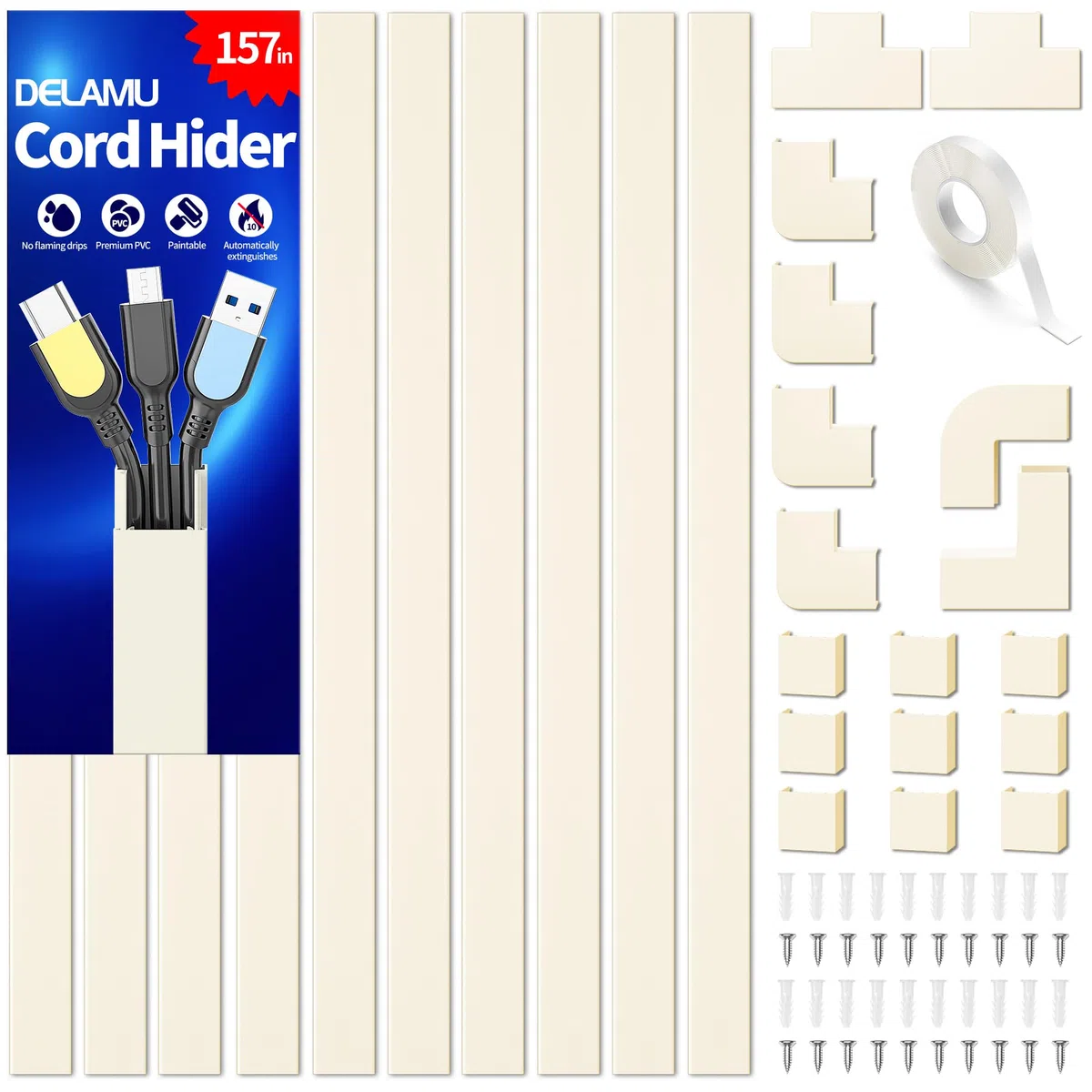 Delamu 4M Goulotte Passe Cable Murale Autocollante, Cable Management, Cache Cable Fils Goulotte Electrique pour TV & Bureau, 10 pièces, L400mm x W24mm x H14mm, ‌Beige