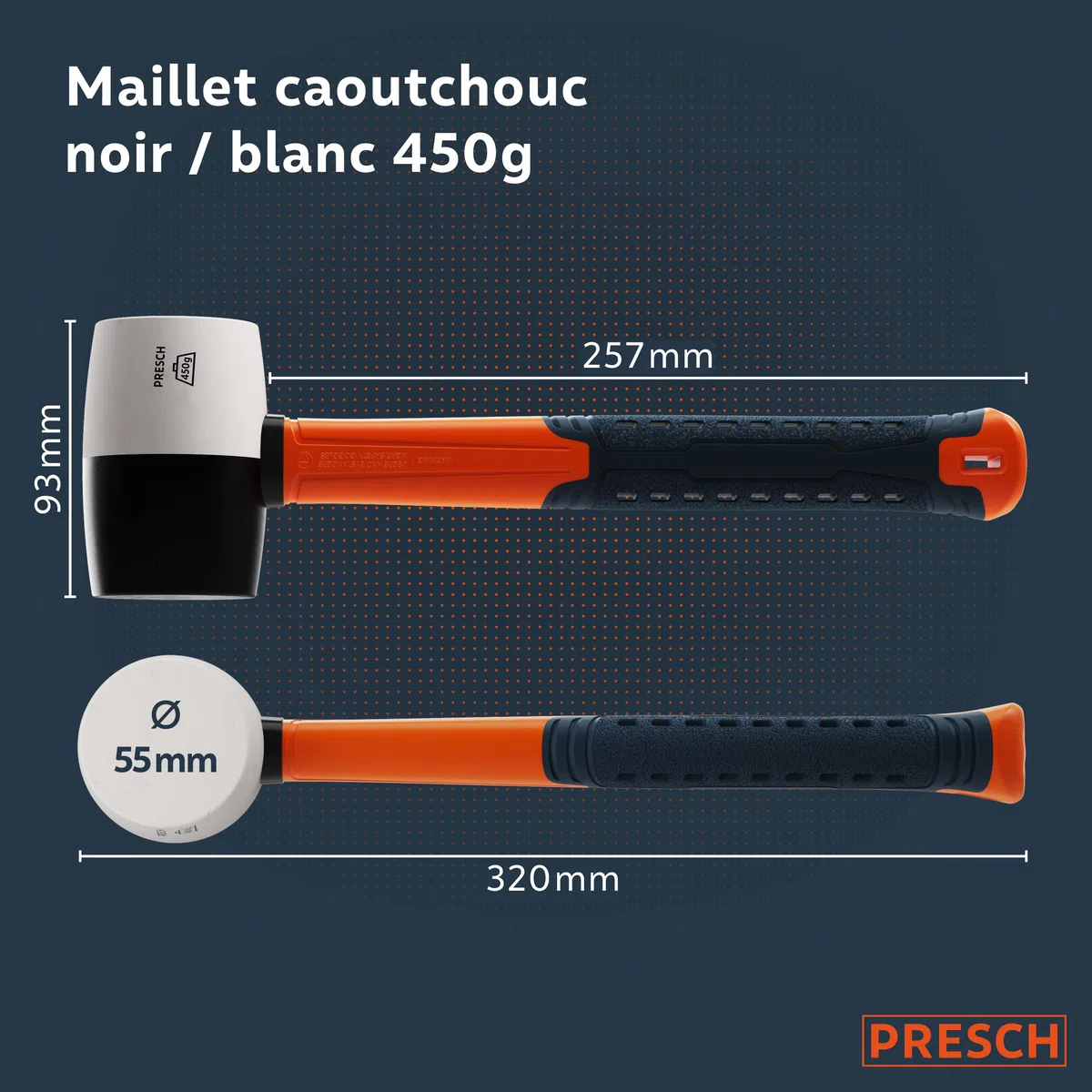 Presch Maillet caoutchouc noir/blanc 450g - Maillet caoutchouc avec manche en fibre de verre | ⌀=55mm - Marteau polyvalent à deux faces