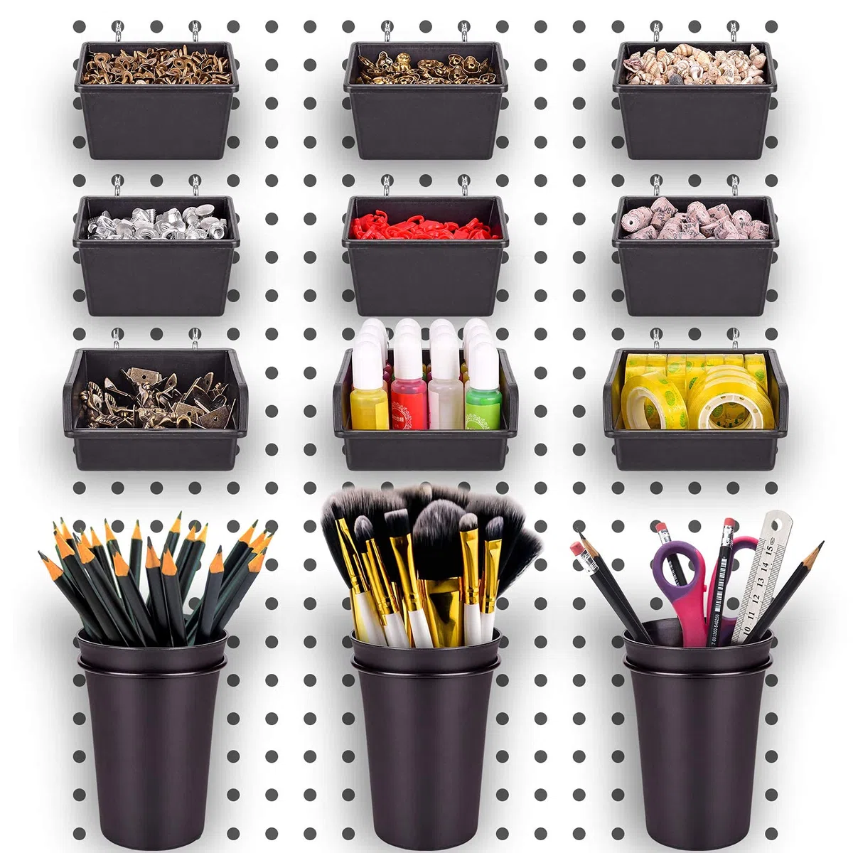 G.CORE Lot de 12 bacs en panneau perforé avec crochets et boucles - Assortiment de crochets pour divers outils - Pour garage, artisanat, atelier, établi, loisirs créatifs (12)