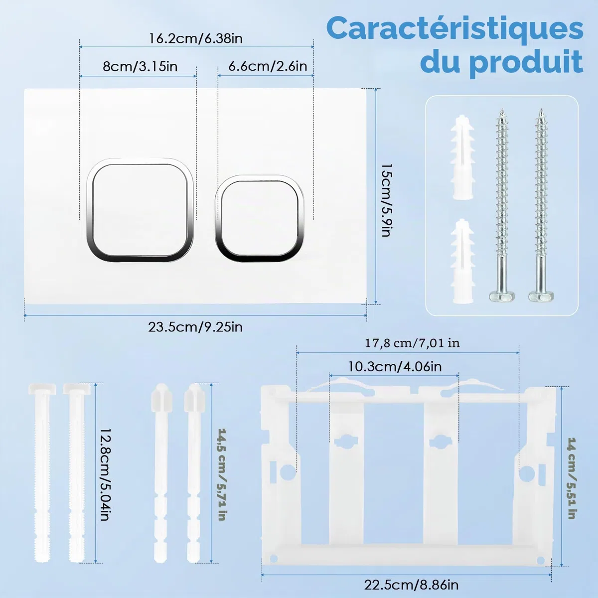 Plaque de commande WC compatible avec Geberit Sigma, UP300 & UP320, plaque de déclenchement pour chasse à 2 débits, équipée d'un kit de levier de chasse et d'un cadre de montage (blanc)