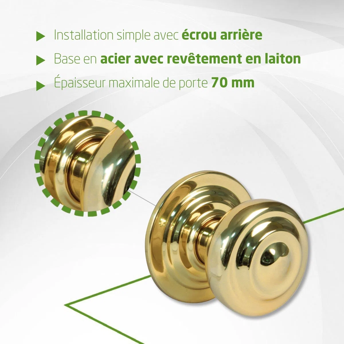 Amig - Bouton Rond pour Portes Extérieures d'Entrée - Poignée pour Porte Principale de la Maison - Diamètre de la Poignée Ø70 mm - Laiton - Doré - Comprend Vis et Écrou de Fixation