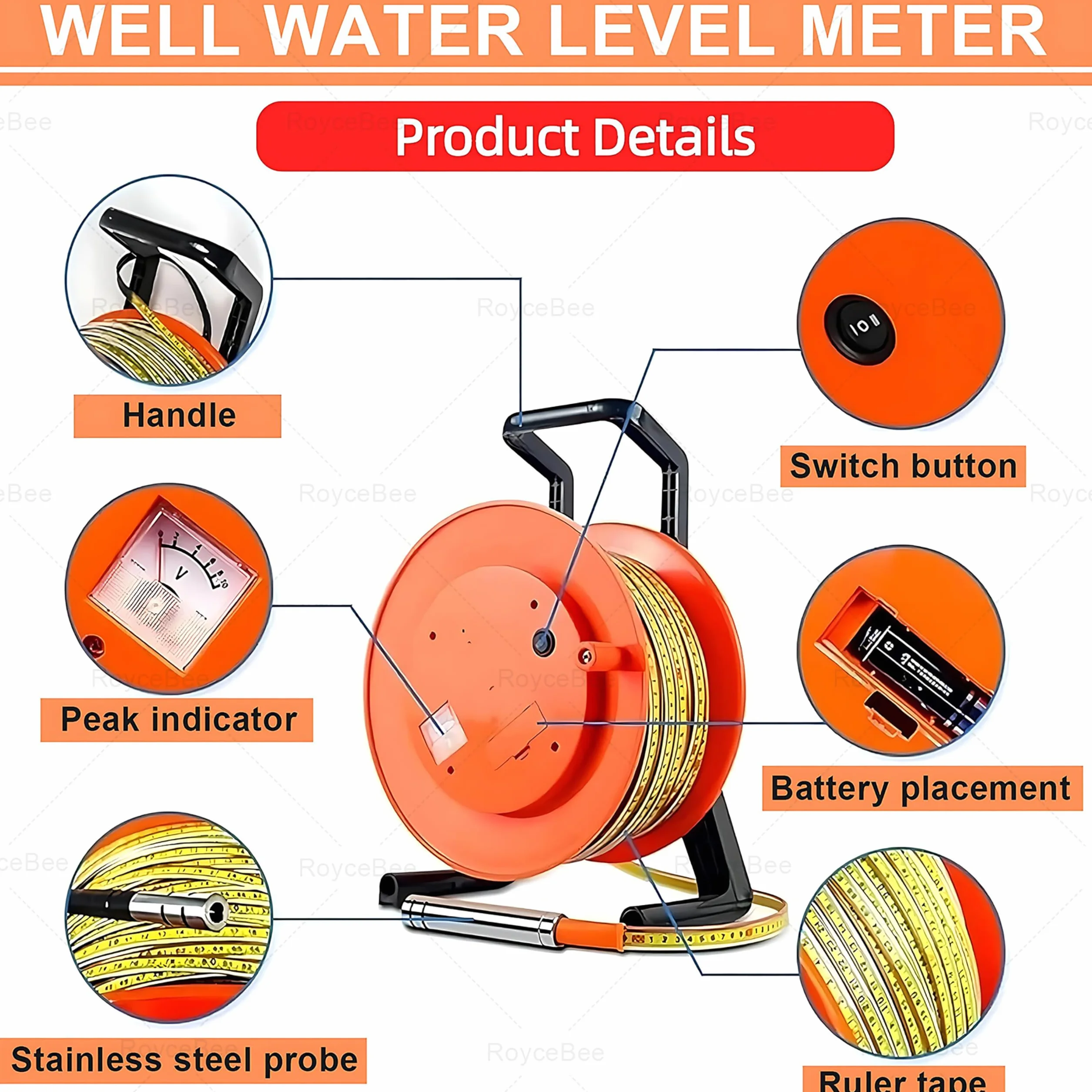 Coffret de Mesure de Niveau Piézométrique, avec Ruban en Acier et Indicateur Sonore/Lumineux, pour Relevés en Puits, Réservoirs d'eau et Études de Filtration de Barrages 50m/164ft