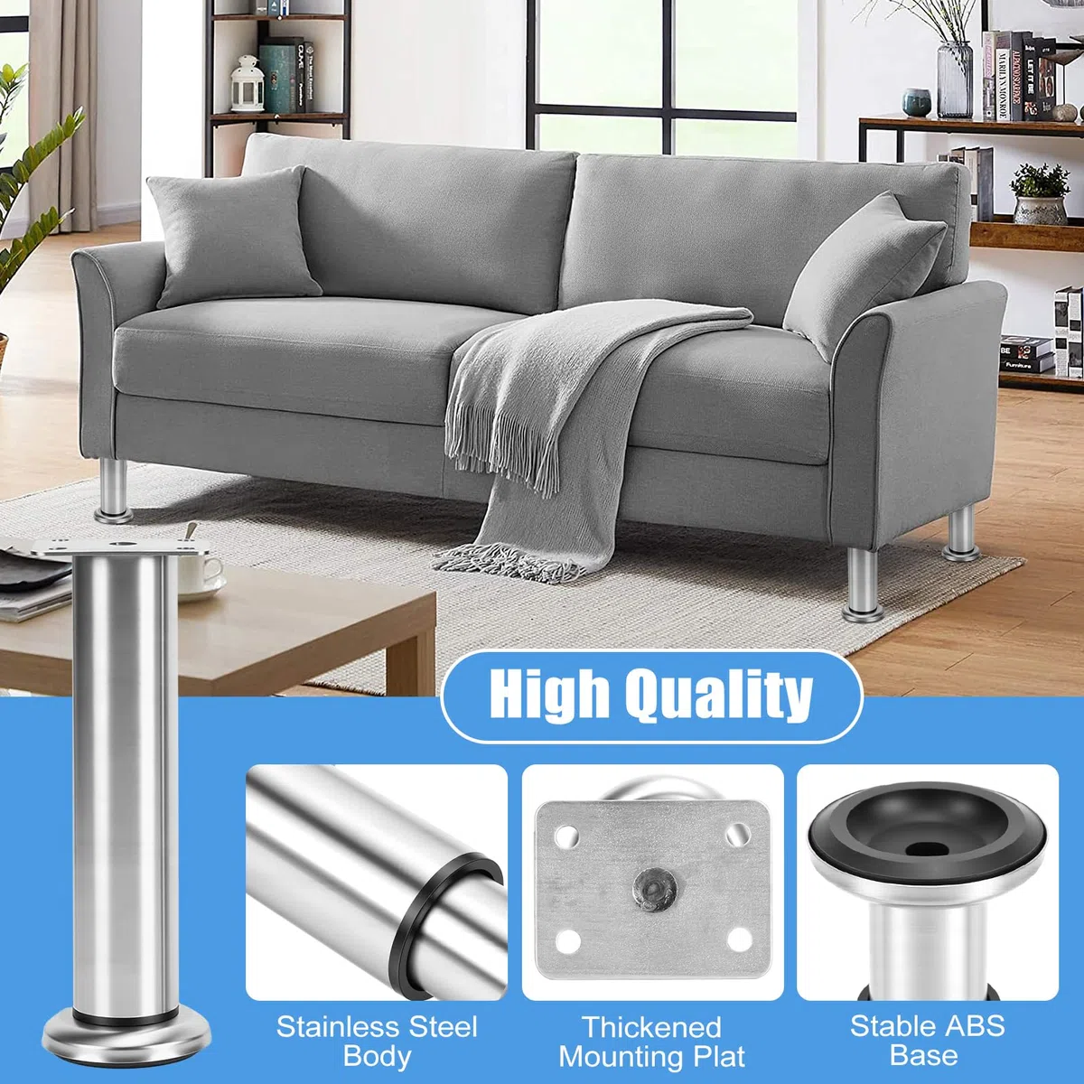 Lot de 4 Pieds de Meuble Reglable en Acier Inoxydable, Pieds de Table Pied de Lit, Pieds Meuble Salle de Bain, Pieds de Meubles pour Meuble TV, Canapé, Chaise, Salle de Bain (18-30CM)