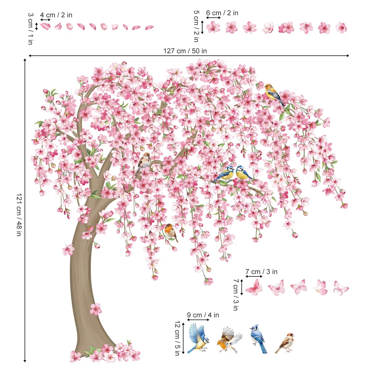 decalmile Stickers Muraux Fleurs de Cerisier Roses Autocollant Mural Grand Arbre Floral Oiseaux Décoration Murale Salon Chambre Mur TV