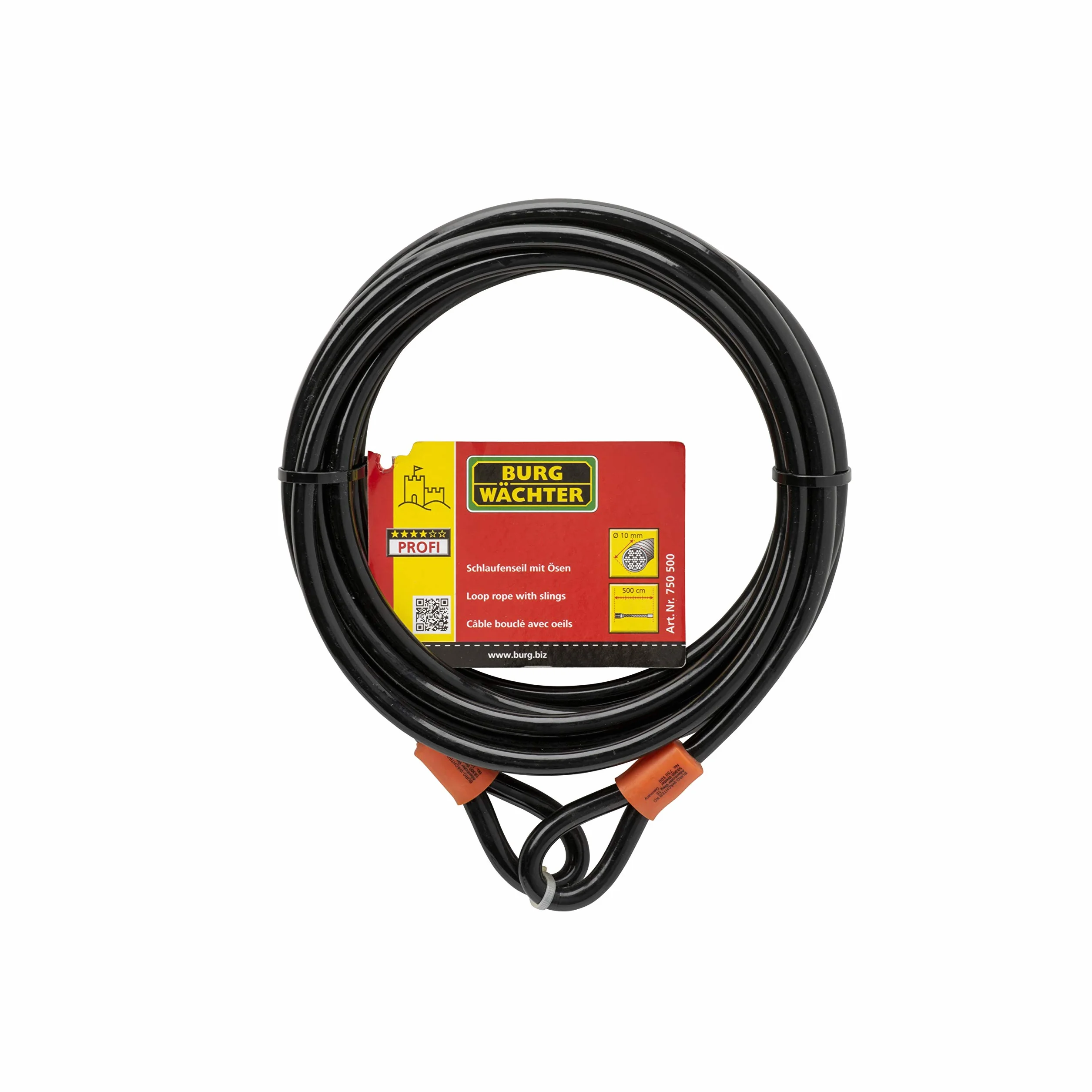 Câble de sécurité Burg-Wächter avec œillets, câble en acier revêtu (sans verrou), sécurité pour meubles de jardin, vélo, moto, 750 500, noir, 5 m
