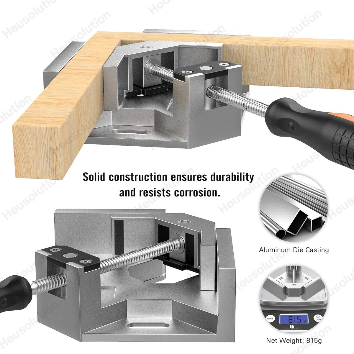 Housolution Lot de 2 pinces d'angle à angle droit en alliage d'aluminium à 90 degrés avec mâchoire pivotante réglable pour le travail du bois, cadre photo - Gris argenté