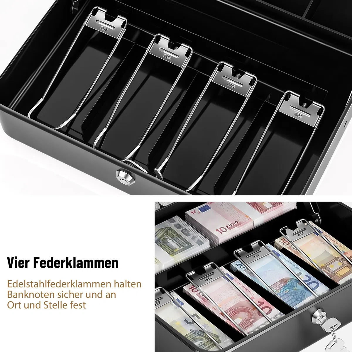 Caisse à monnaie avec serrure et 2 clés, 30 x 24 x 9 cm, noire, avec compartiment à monnaie à 5 compartiments et 4 porte-billets, portable pour magasin, marché, ménage