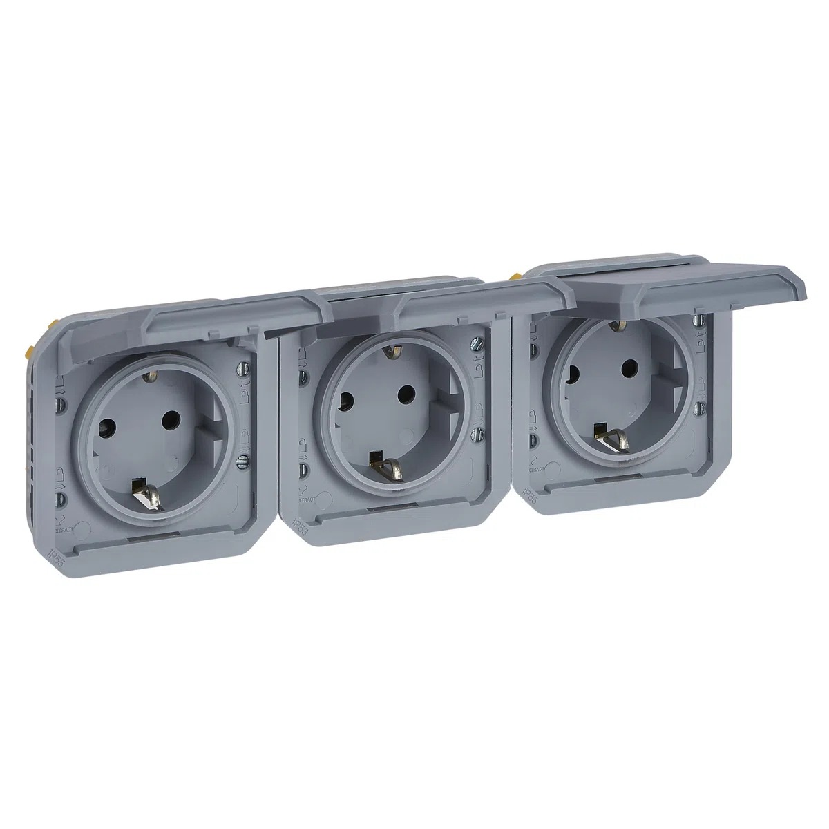 LEGRAND, Plexo New 069578L Prise pour pièces humides, 3 prises, Schuko St., avec couvercle à charnière, protection tactile, pré-câblée, horizontale, I