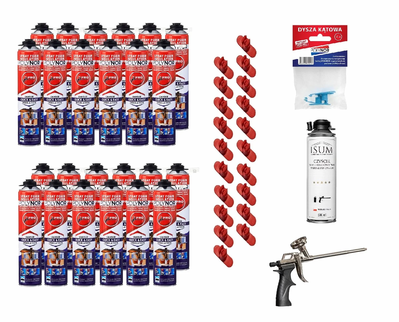 POLYNOR Isolation thermique PUR en bombe PRO - Kit - 24 mousses - Pistolet à mousse - Isolation thermique par pulvérisation - Isolation des murs, toits, plafonds, tuyaux - Aérosol 750 ml