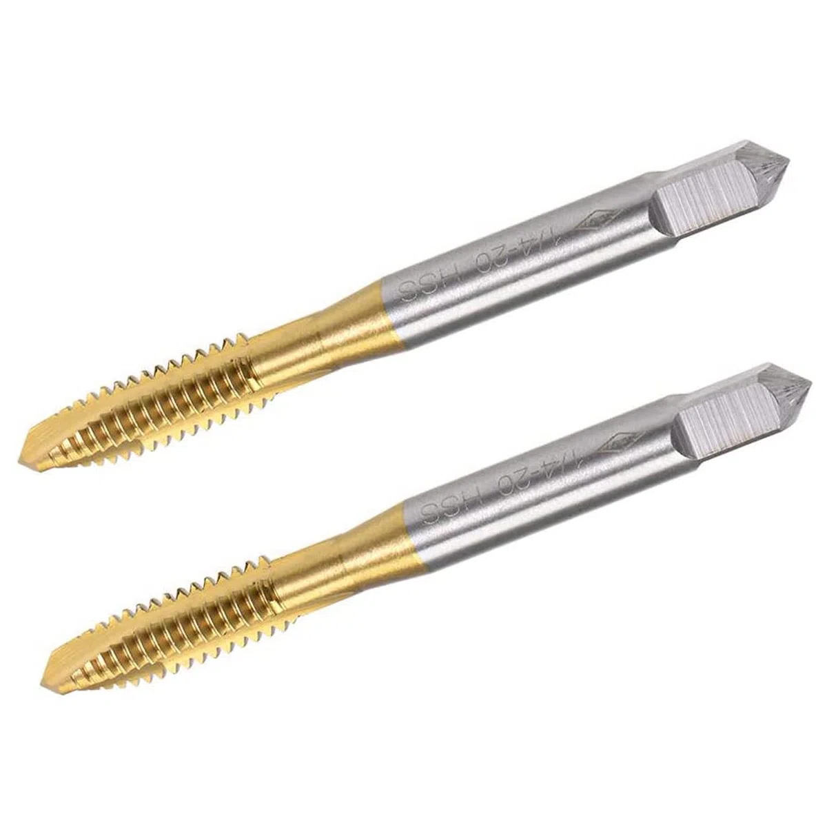 TA-VIGOR Lot de 2 tarauds filetés à pointe hélicoïdale UNC 1/4-20, filetage HSS revêtu de titane avec tolérance H2, filetage à 3 cannelures (tige ronde avec extrémité carrée)
