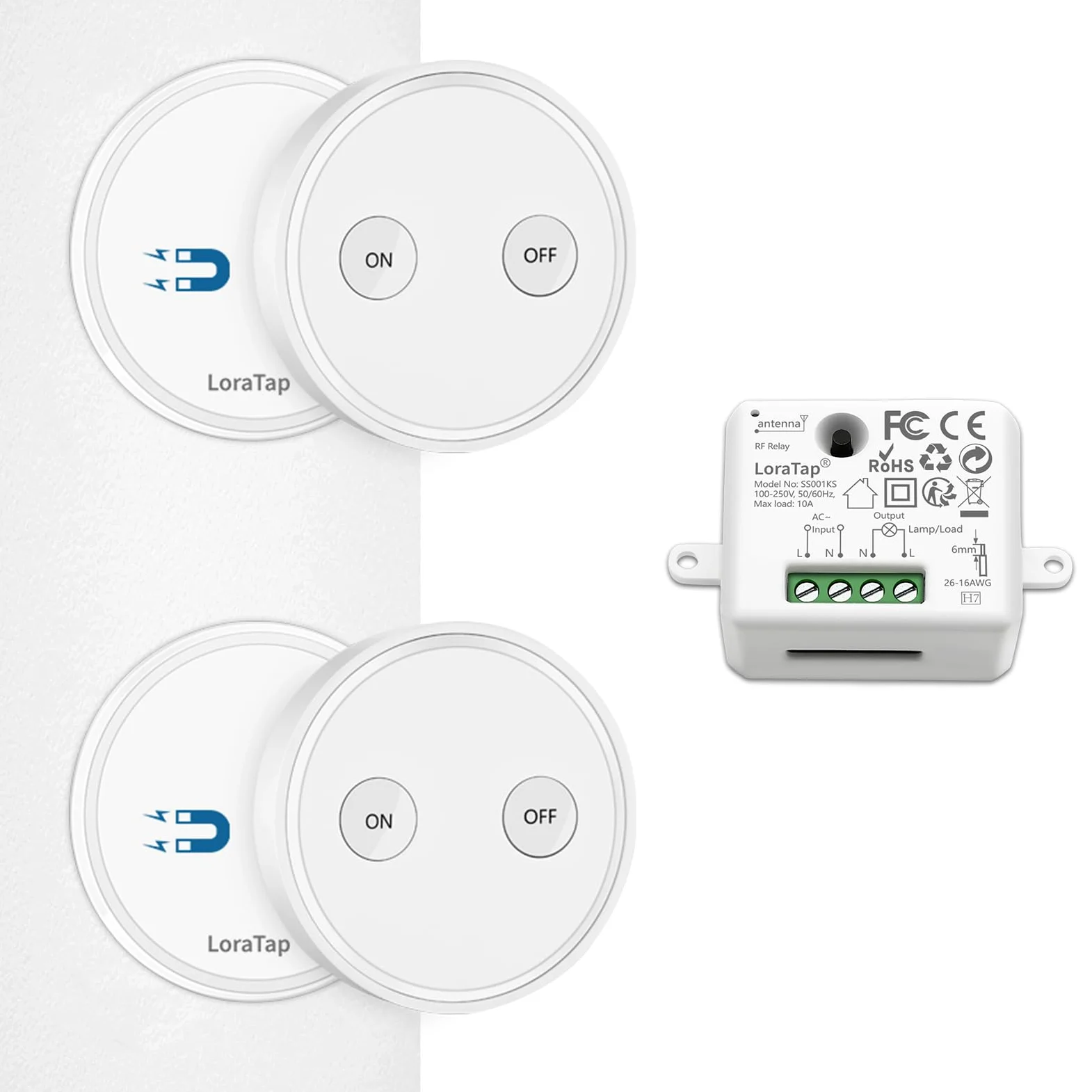 LoraTap Kit Interrupteur Sans Fil, Va et Vient, Récepteur 2500W, Portée 200M, Emetteur Radio 868Mhz, Commande à Distance Mural Avec 2 Télécommandes ON/OFF Pour Eclairage