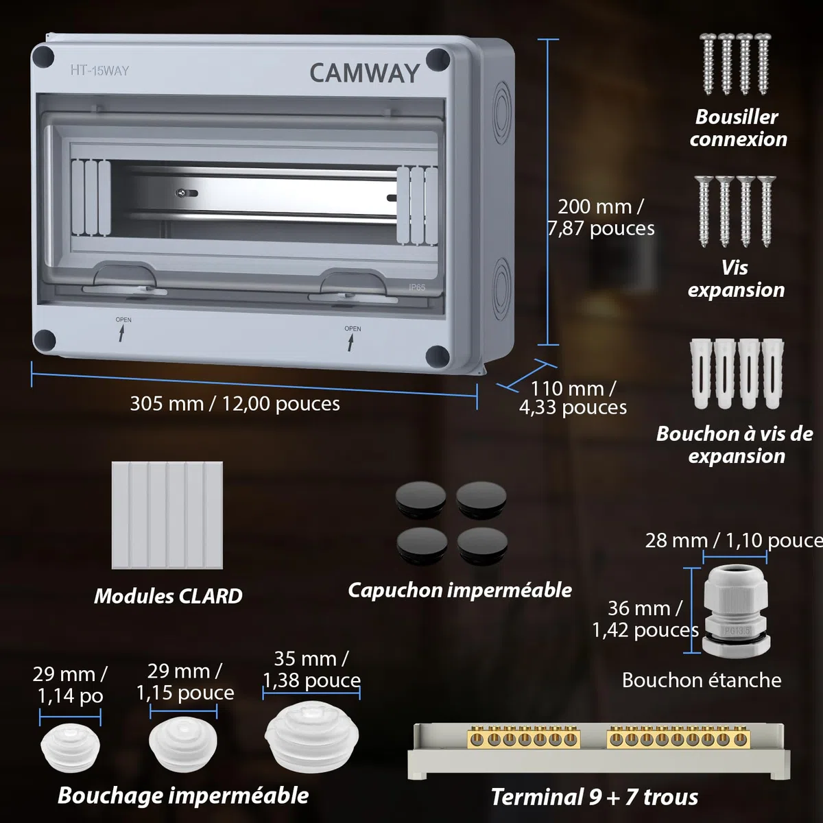 CAMWAY Boîte de distribution exposée 15 voies IP65,1 rangée de 8 modules pour utilisation extérieure, Boîte à Fusibles Exposée en ABS avec Porte Transparente Installation facile