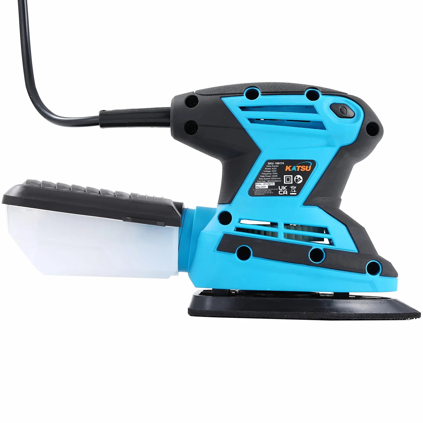 Ponceuse Vibrante 200W KATSU 15500RPM Ponceuse de Détail électrique avec Système de Dépoussiérage et 20 Pièces Papiers Abrasif, pour Le Ponçage, Le Polissage 100174