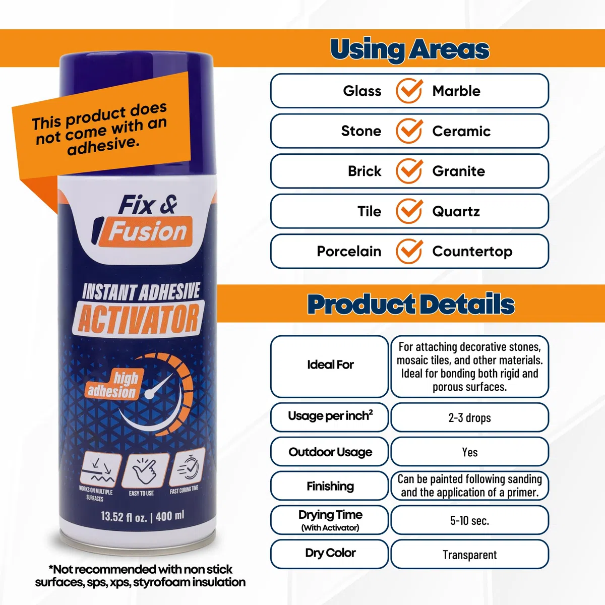 FIX & FUSION Activateur Spray (400 ml) | Accélérateur Séchage pour Colle Cyanoacrylate (CA) Super Glue | Bois, Plastique, Caoutchouc, Granit & Bricolage | Adhérence Renforcée, Séchage Rapide (2 Pack)