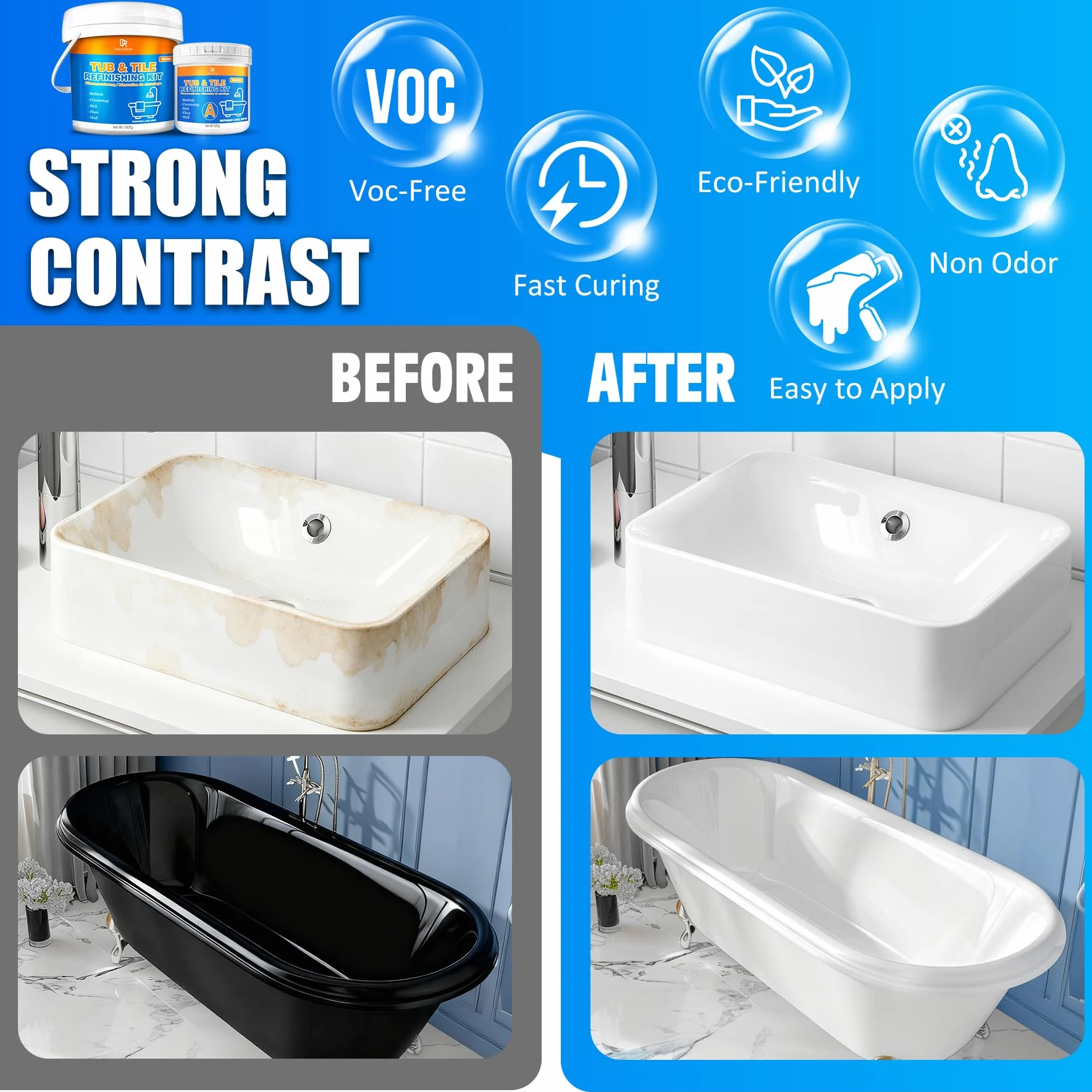 Peinture pour baignoire blanche 500 g, kit de rénovation de baignoire pour lavabos, peinture pour carrelage de salle de bain, receveurs de douche, résistante à l'eau et aux rayures avec outils