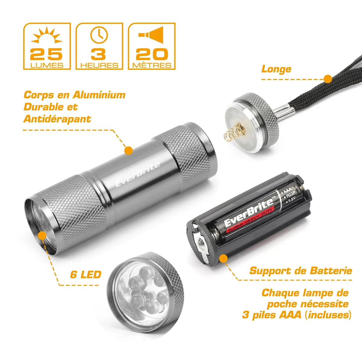 EverBrite Mini Lampe de Poche LED en Aluminium18 Pièces, Lampe Torche Portable Idéal pour Camping Lecture Cyclisme Barbecue Fête Randonnée Voyage, 54 x AAA Piles Compris