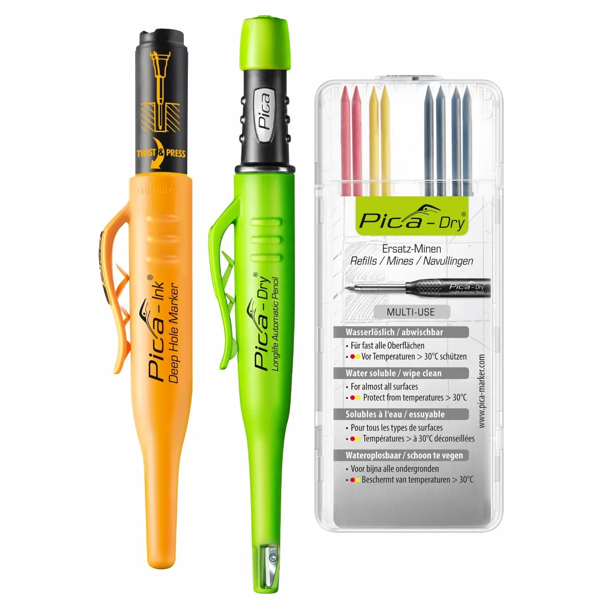 Pica Bestseller Set I Kit d'outils de marquage professionnel comprenant un marqueur de profondeur Pica Dry 3030, des stylos à encre de rechange assortis 4020 (ro, ge, gra) et Pica Ink noir I Robuste
