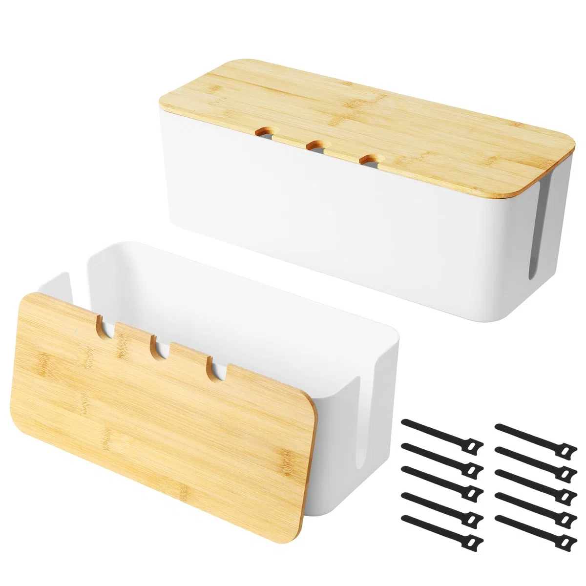 Lot de 2 boîtes de Gestion des câbles, avec Couvercle en Bois, boîte de Gestion des câbles, boîte d'organisation des câbles, pour Cacher et Organiser Les câbles, Grande et Moyenne (Blanc)