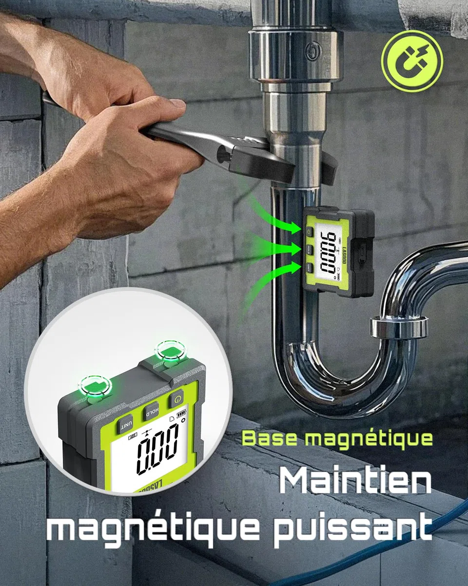 LASGOO Mesureur d'angle numérique, Inclinomètre magnétique rechargeable avec écran LCD, 4 unités de mesure pour la menuiserie, le bâtiment, la maçonnerie et l'automobile