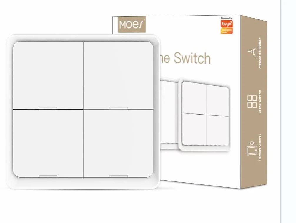 MOES 4 Gang ZigBee Wireless 12 Scene Button Switch Smart Home Automation Scene Switch, utilisé pour les appareils intelligents Tuya, Besoin de Tuya ZigBee HUB, batterie gratuite, blanc