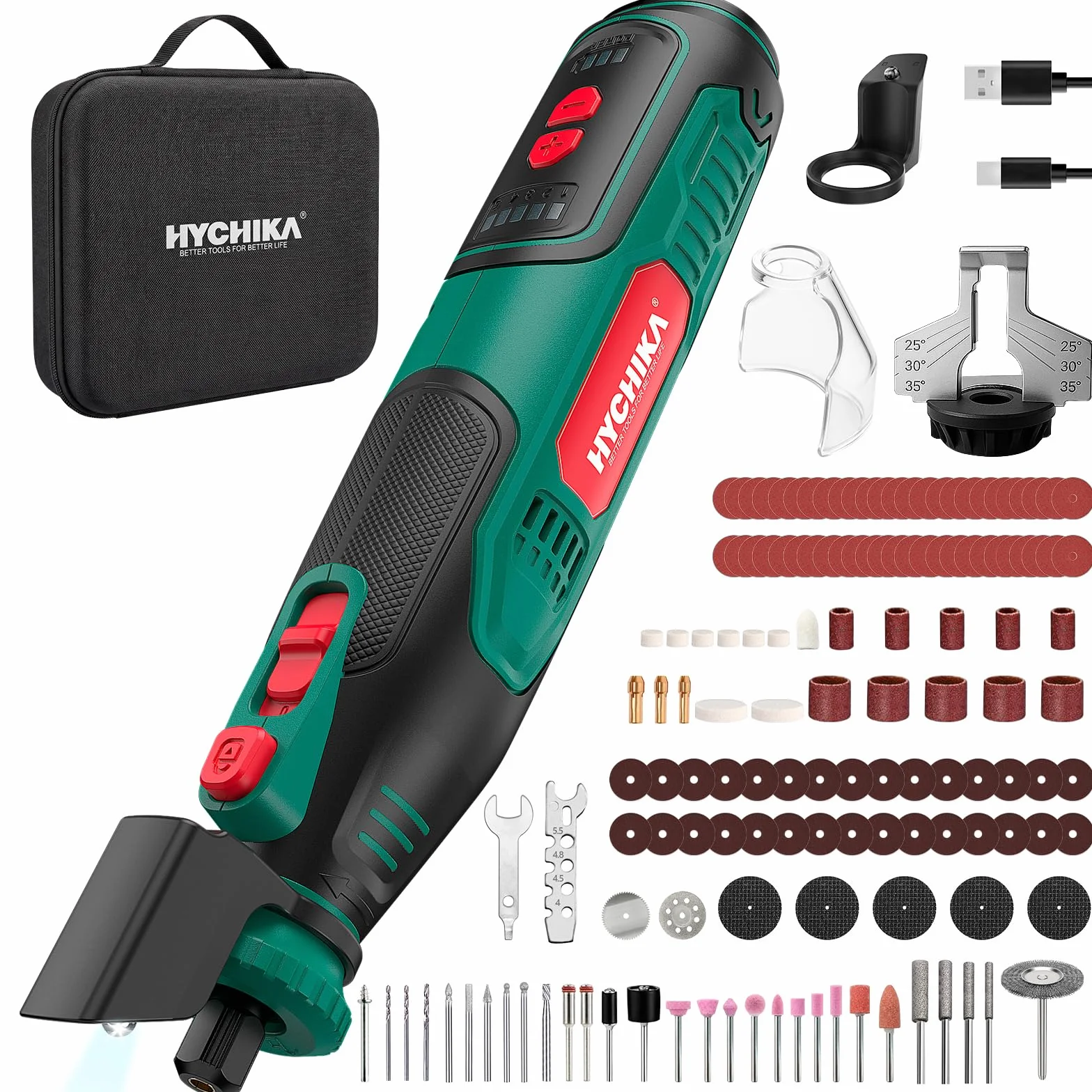 HYCHIKA Outil rotatif sans fil 8V 2,0Ah batterie, 5 vitesses max 30000 tr/min. Kit 145 accessoires avec affûteuse pour tronçonneuse et lampe LED. Pour ponçage, polissage, coupe, perçage, gravure DIY