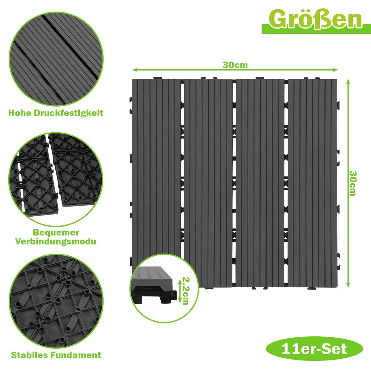 Dalles en bois composite 30x30 cm, 33 pièces de dalles à clipser pour balcon pour 3 m², dalles en bois composite pour terrasse avec système de clic, revêtement de sol pour balcon résistant aux