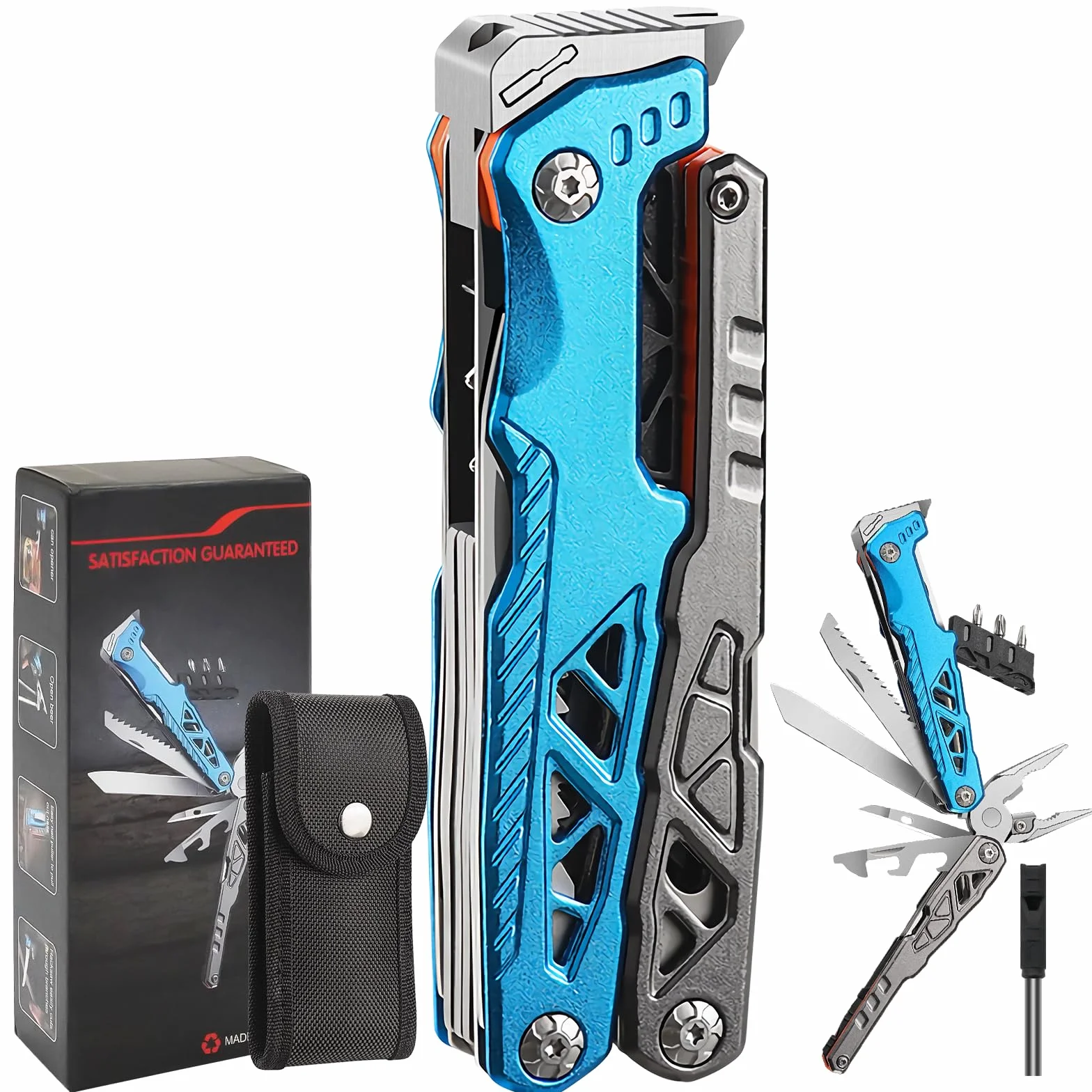 Pince Multifonction en Acier Inoxydable 17 en 1, Couteau Multifonction avec Sac, Outil Multitool Scie Embouts Tournevis Ouvre-Bouteille pour Camping, Extérieur, Randonnée, Survie, Réparation