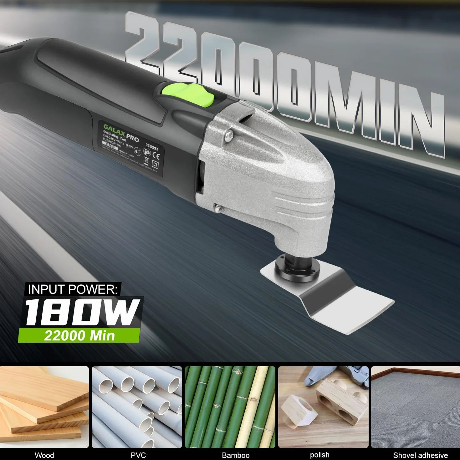 Outil oscillant GALAX PRO 180W, 22000 OPM, angle d'oscillation de 3 degrés, 3 lames de scie, 1 plateau de ponçage semi-circulaire, 6 feuilles de papier abrasif pour le ponçage et le meulage