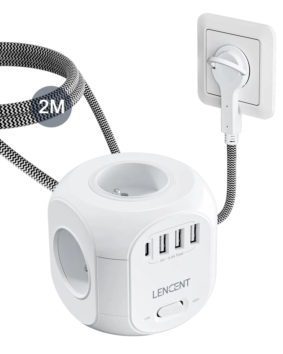 LENCENT Cube Rallonge Électrique Multiprise 2M, Fiche Plate | 4 Prises 3 USB-A,1 USB-C Câble Tressé 2m, Protection Contre Les Surtensions avec Interrupteur pour Cuisine, Bureau