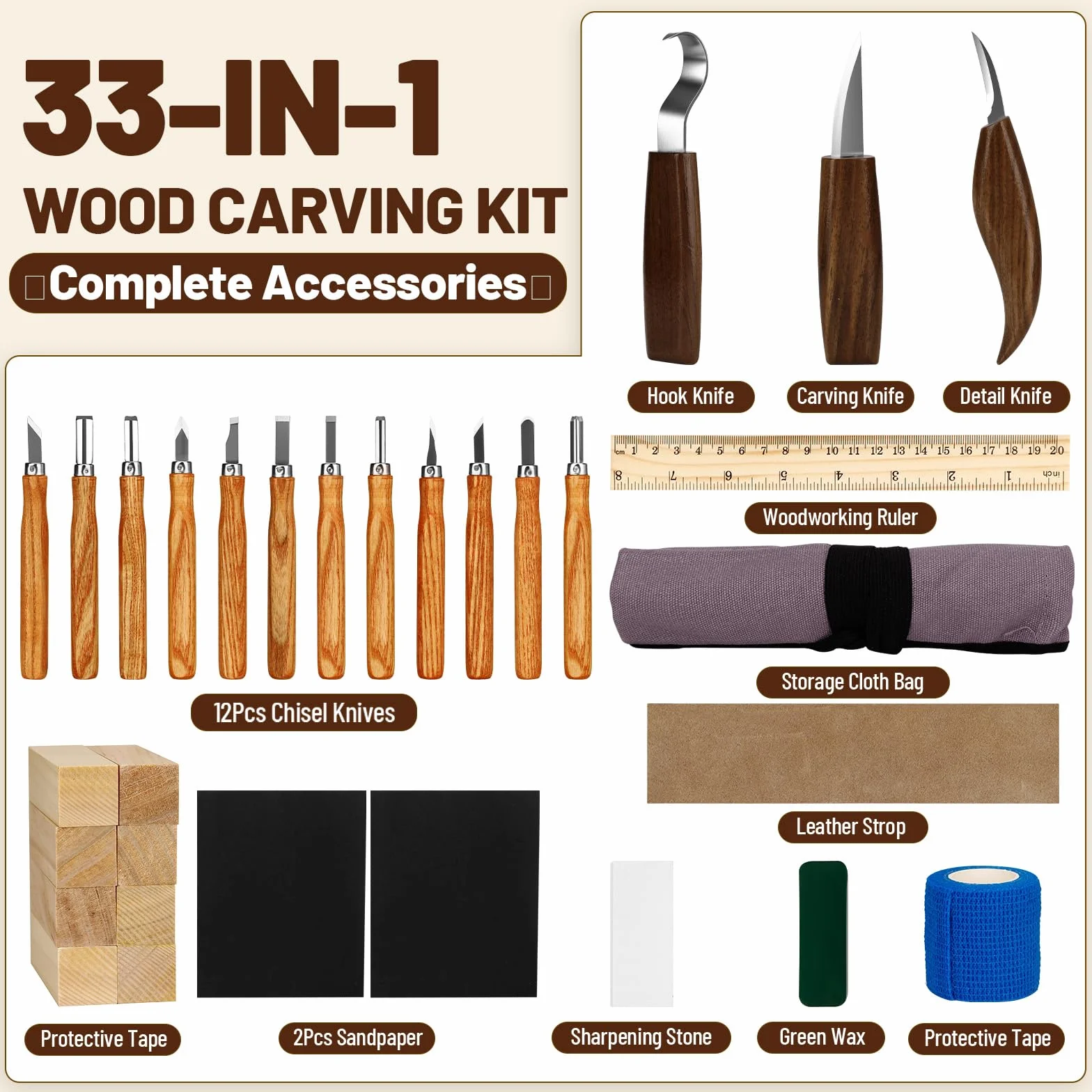 TOSUTOKit de Sculpture sur Bois 33 Pièces avec blocs de bois,couteaux et accessoires pratiques pour sculpter en toute sécurité et de manière créative.parfait pour les débutants et comme cadeau créatif