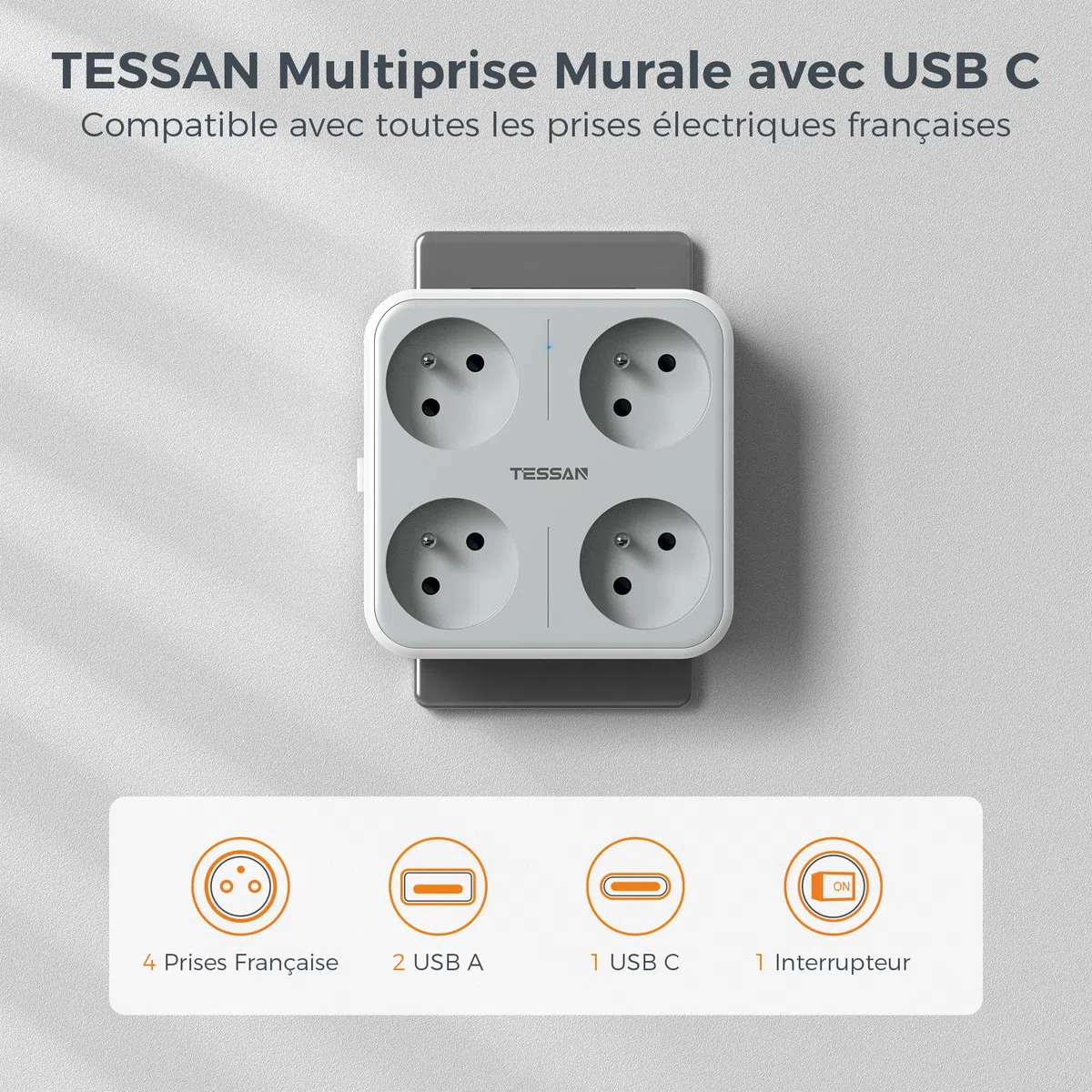 TESSAN Multiprise Murale Française avec 4 Sortie AC et 3 Ports USB, 7 en 1 Prise Électrique 4000W avec Interrupteur, Secteur USB C Gris Convient pour Domicile, Bureau, Compatible pour Phone, Pad