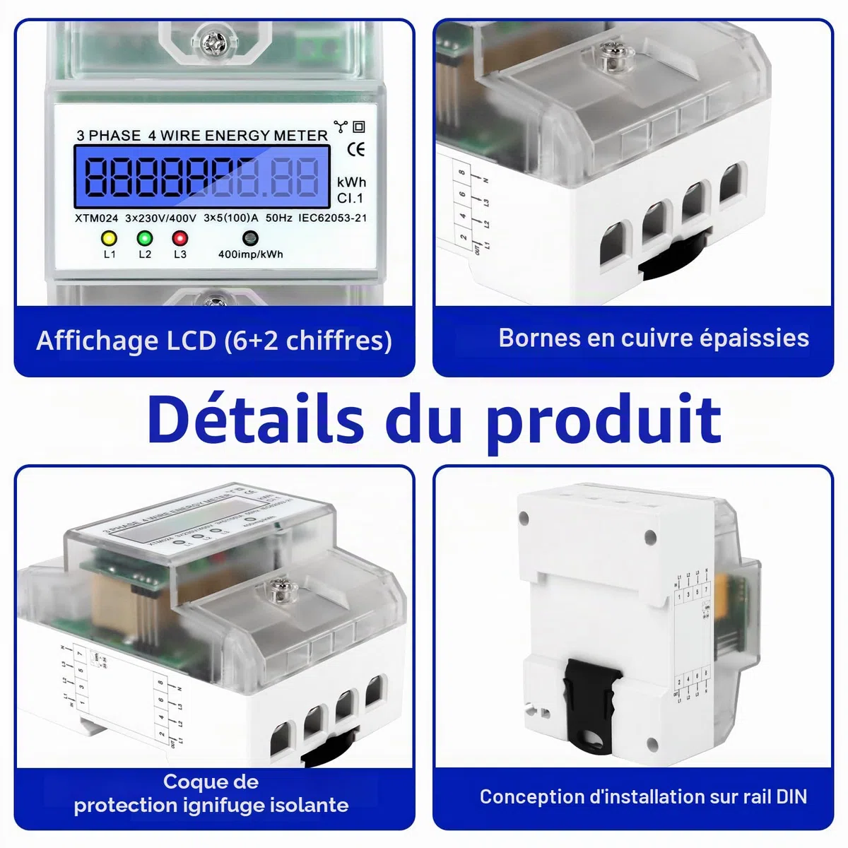 Compteur Electrique Triphasé Numérique Compteur D'Energie Electrique Courant Triphasé 4 Fils Compteurs à Rail Din Compteur Électrique Calibré Affichage LCD 3X230/400V, 3X5(100) A, 400imp/Kwh