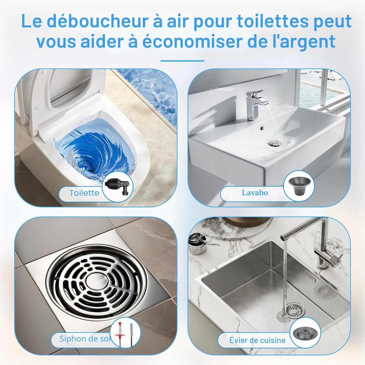 Déboucheur de canalisations à air comprimé, pompe avec indicateur de pression d'air, pompe de nettoyage de canalisations à air comprimé avec 4 ventouses, gants et pince à griffes, pour WC, toilettes
