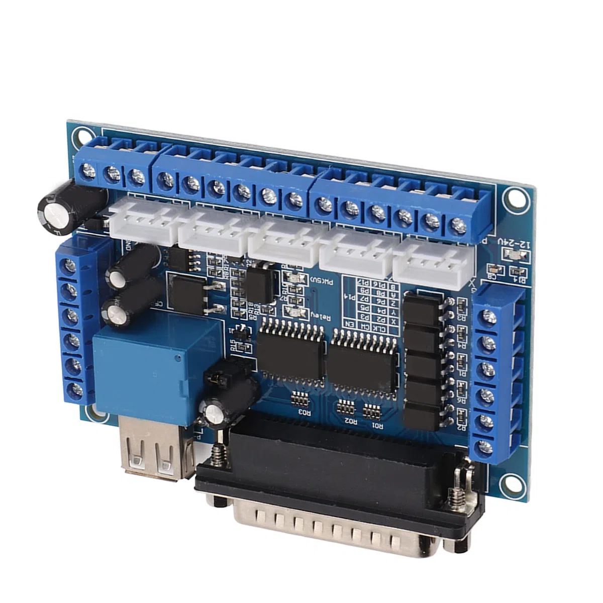 DC 12-24V CNC Breakout Board 5 Axes Mach3 Carte d'interface avec carte d'isolement optocoupleur, câble de port USB DB25 Câble pour pilote de moteur pas à pas MACH3(Bleu)