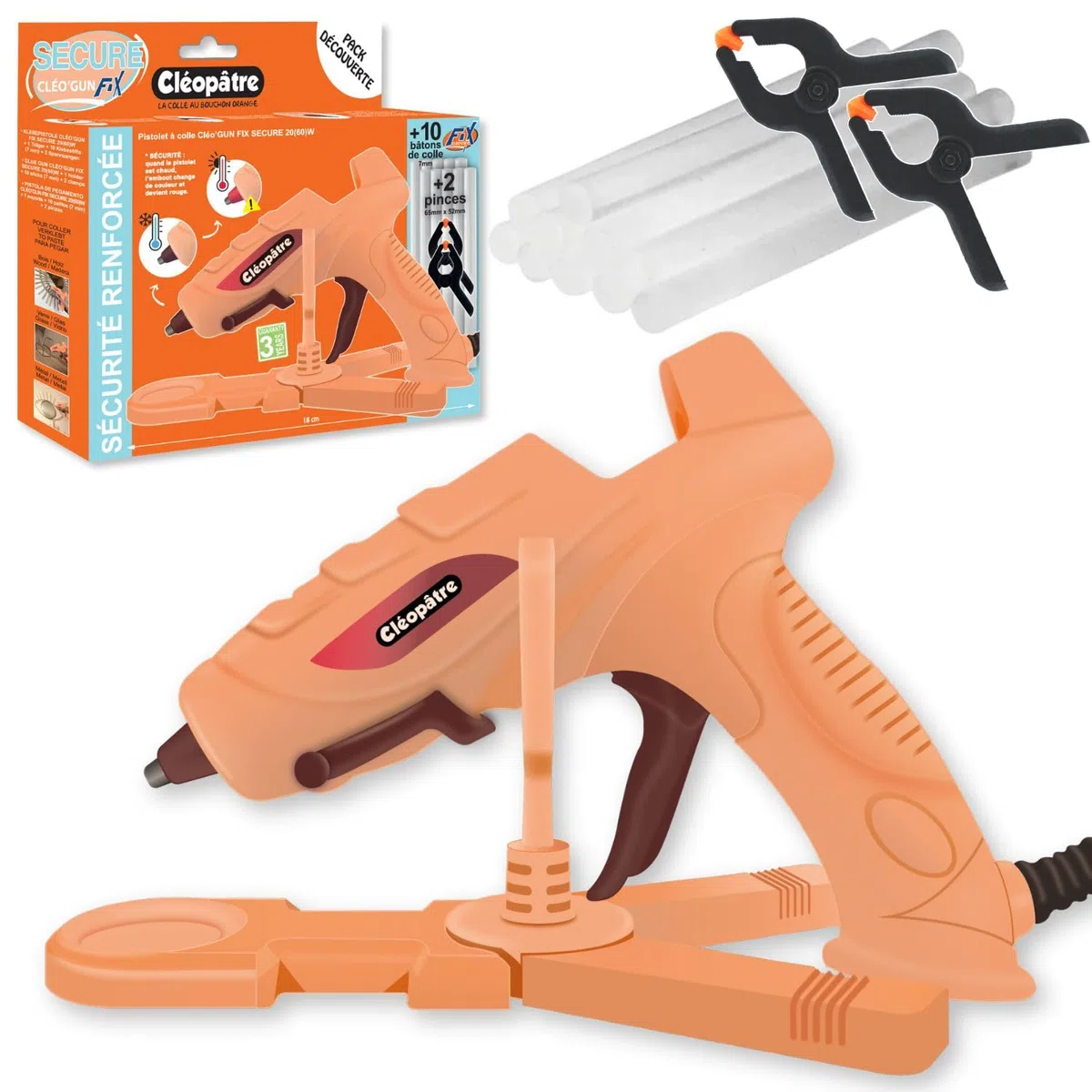 CLEOPATRE – Pistolet à Colle Chaude 20W – Sécurité avec Embout Indicateur de Température - Livré avec Base de Stabilité, 10 Bâtons de Colle 7mm, 2 Pinces