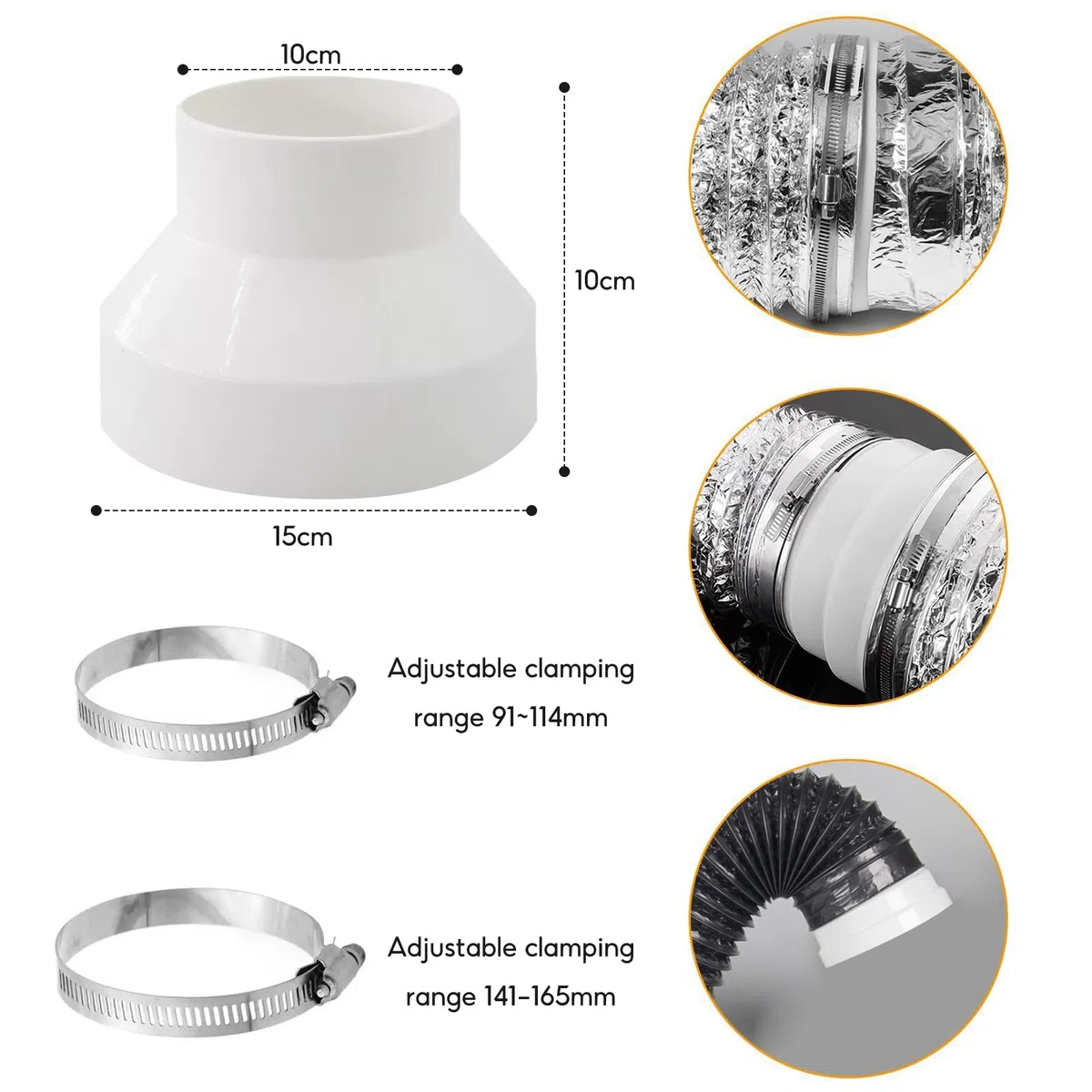 Réducteur de conduit de 150 mm à 100 mm, coupleur de réduction de conduit rond avec colliers de serrage en acier inoxydable (91-114 mm, 141-165 mm) pour ventilateurs d'extracteur, hotte aspirante