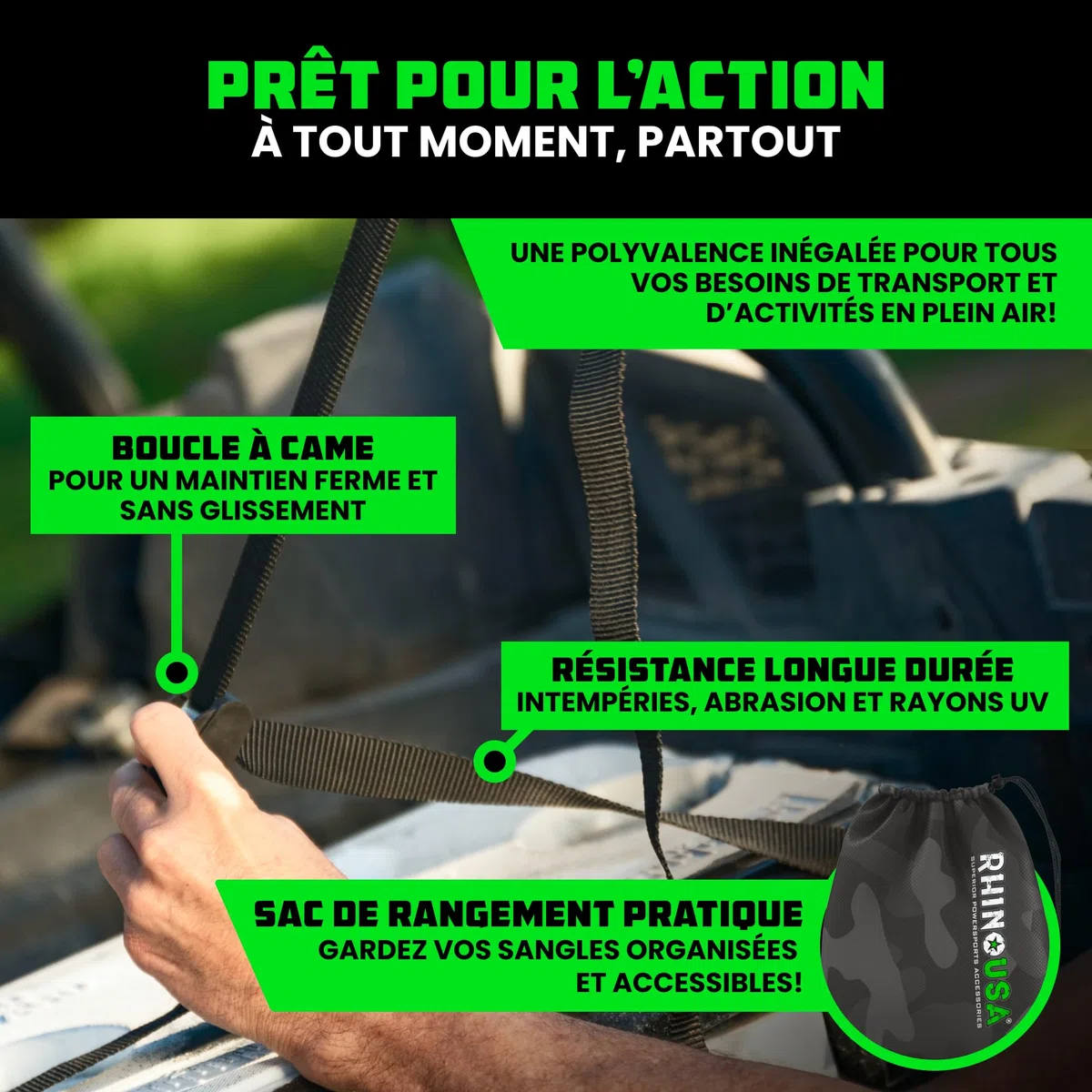 Rhino USA Sangles d'Arrimage (4) - Résistance Maximale à la Rupture de 500kg, Comprend (4) Sangles de Traction de 2.5cm x 3.6m, Sangles de Fixation pour Chargement, Kayak, Porte-Bagages de Toit