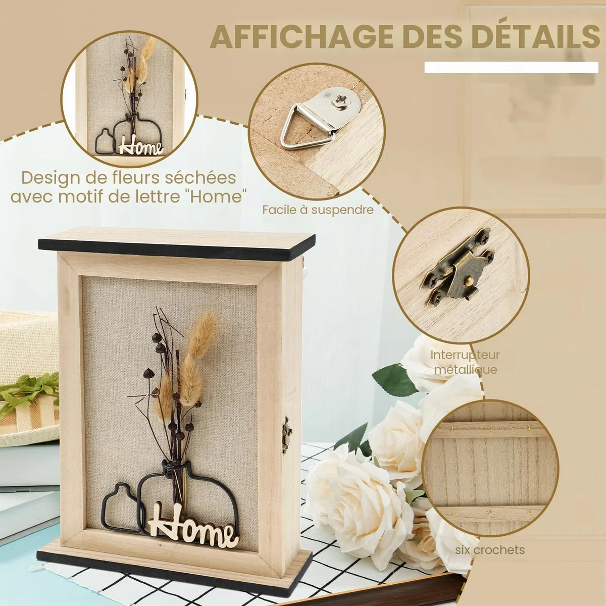 Boîte à clés en bois Toaboa avec 6 crochets à clés, fleurs séchées, rangement mural pour clés, support mural vintage pour entrées, salons, salles de bains et couloirs