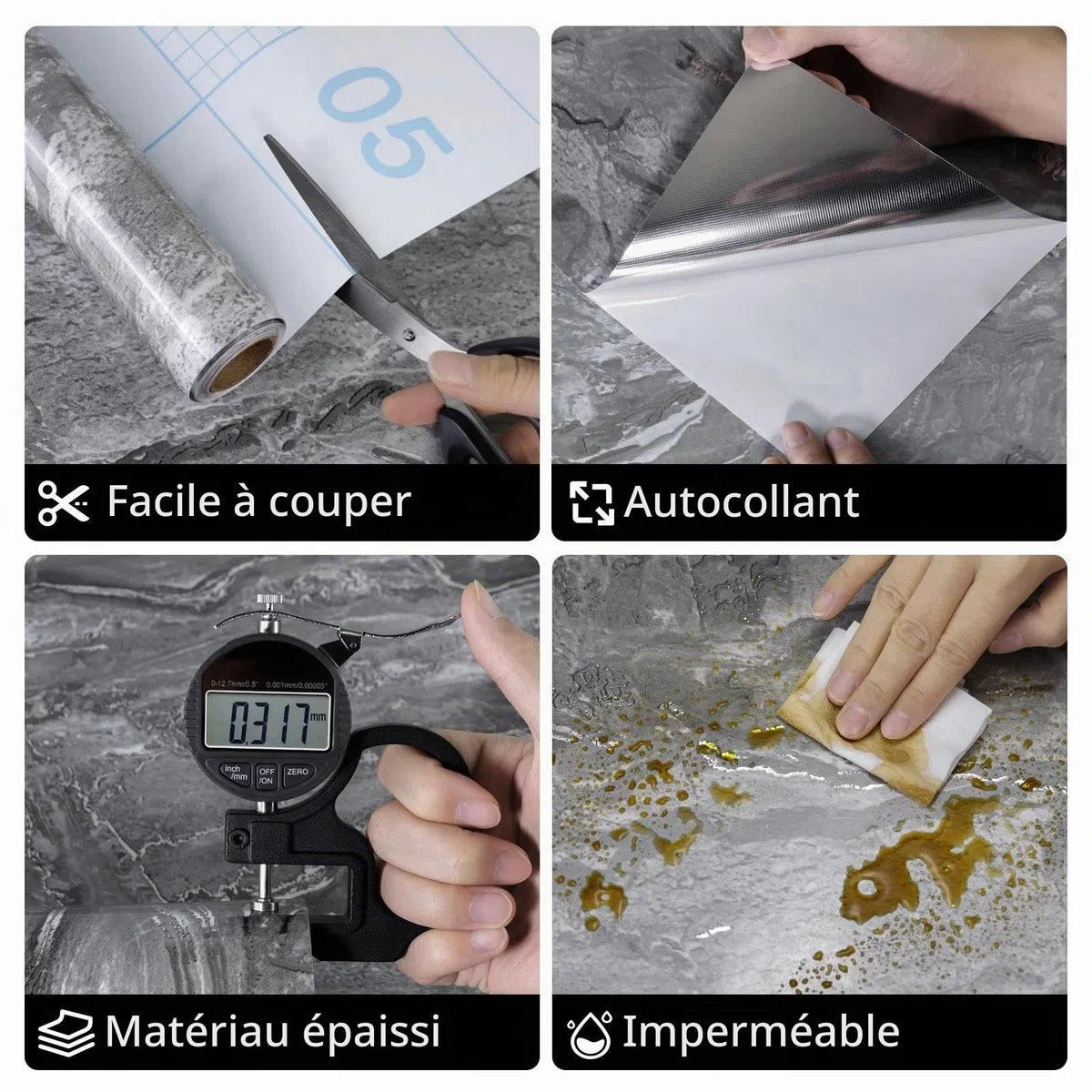 wishFIRE Papier Peint Adhesif Mural Marbre Gris Argent (40x500cm) – Aspect Marbre Épais Autocollant & Imperméable, Feuille Vinyle Brillant Haute Pour Cuisine & Meubles
