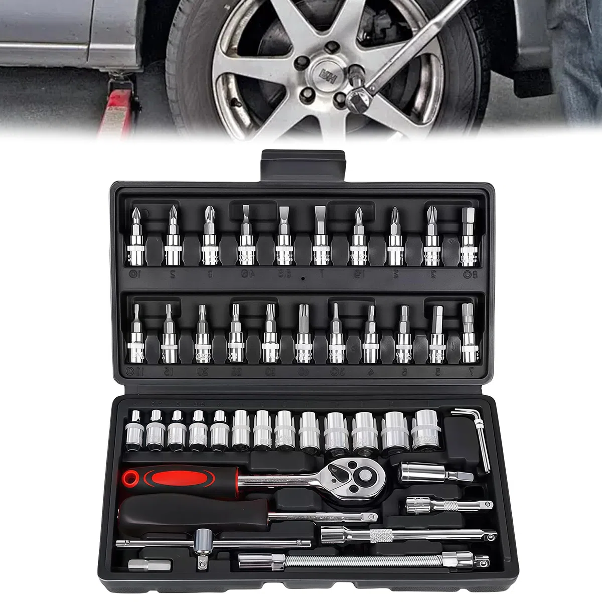 Coffret de clés à cliquet 46 pièces Petit : Cliquet à changement rapide à serrage rapide, clés à douille en acier Cr-V avec cliquet à changement rapide de 6,35 mm, jeu de douilles, pour