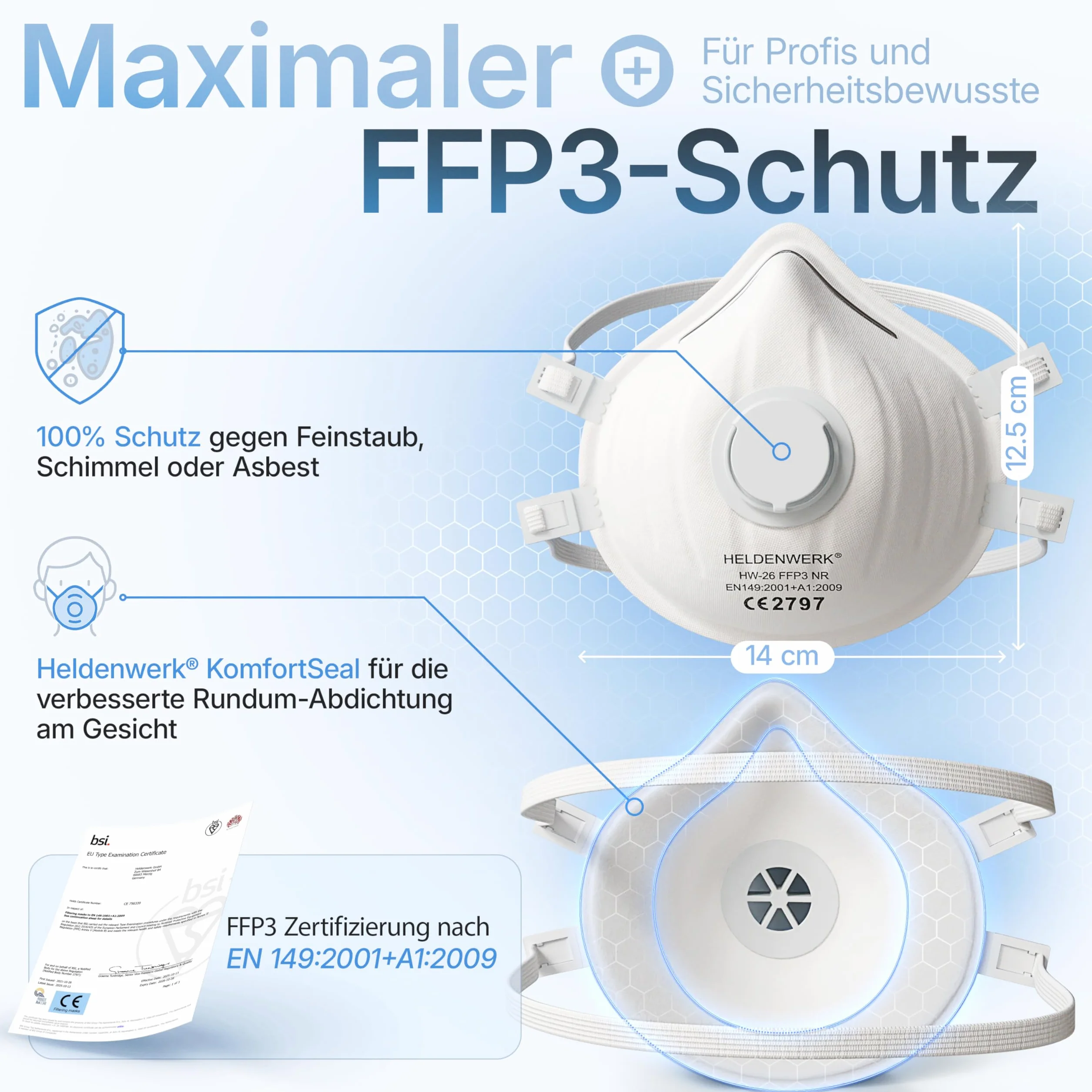 HELDENWERK FFP3 Masque avec valve – Lot de 5, 10 ou 20 – Masque respiratoire / Masque anti-poussière certifié Valve d'expiration – Masques anti-poussière avec sangle arrière réglable
