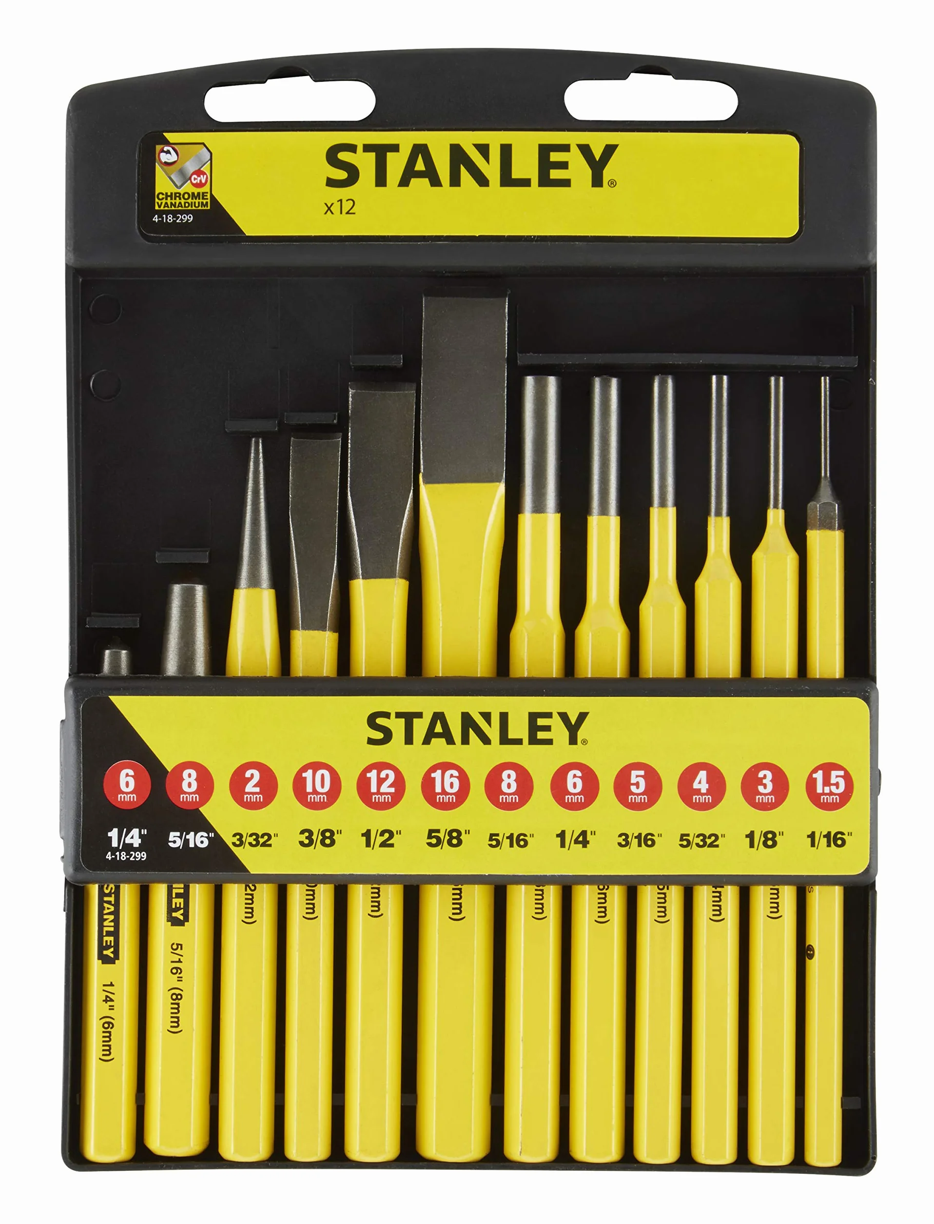 STANLEY 4-18-299 Jeu De Pointeaux Et Burins 12 Pièces - Acier Chrome Vanadium Durci Et Trempé - Finition En Laque De Poudre
