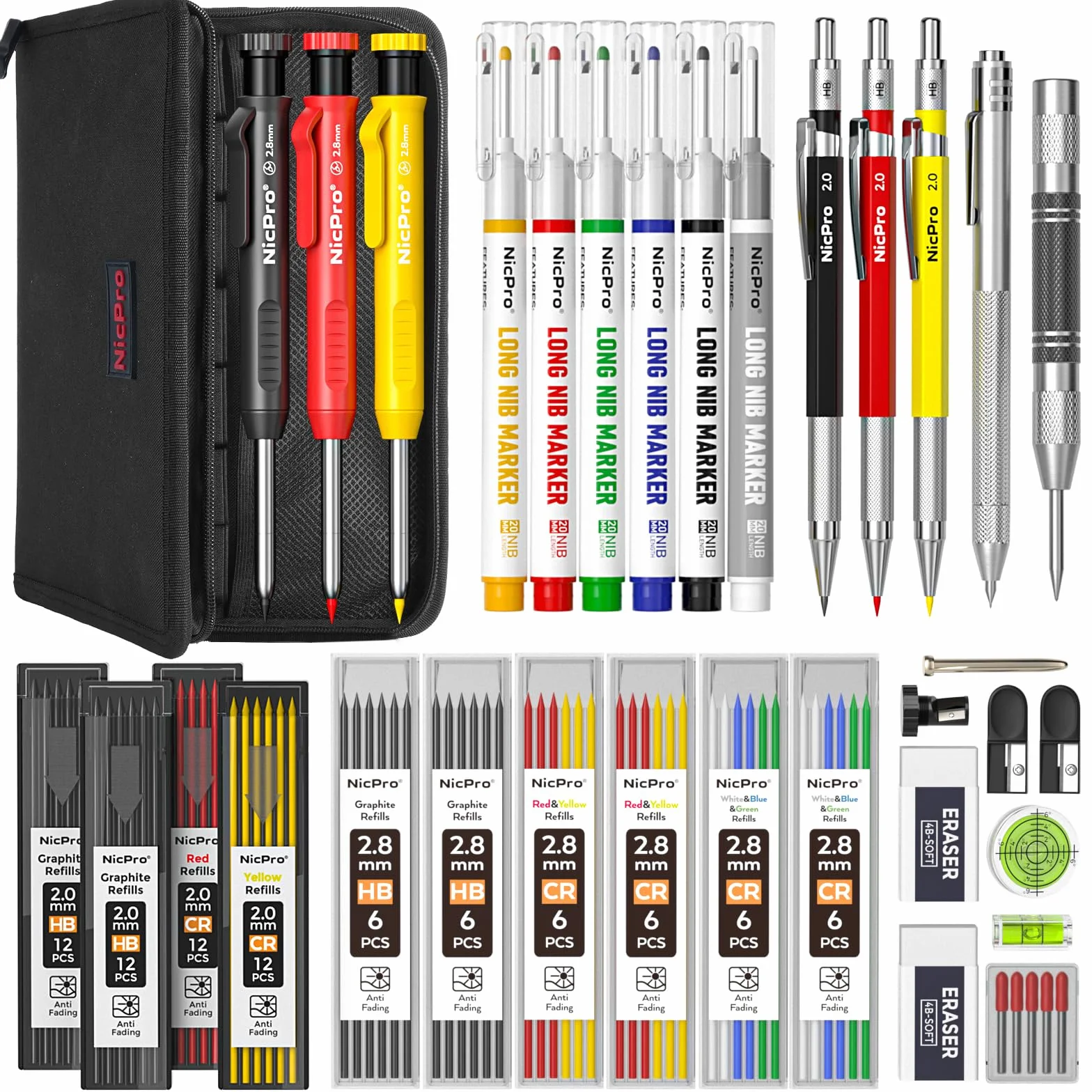 Nicpro 39 crayons chantier, crayons de charpentier mécaniques avec 102 recharges, Marqueurs à pointe longue, Outil de traçage en carbure et Crayons de construction pour architecte et menuisier