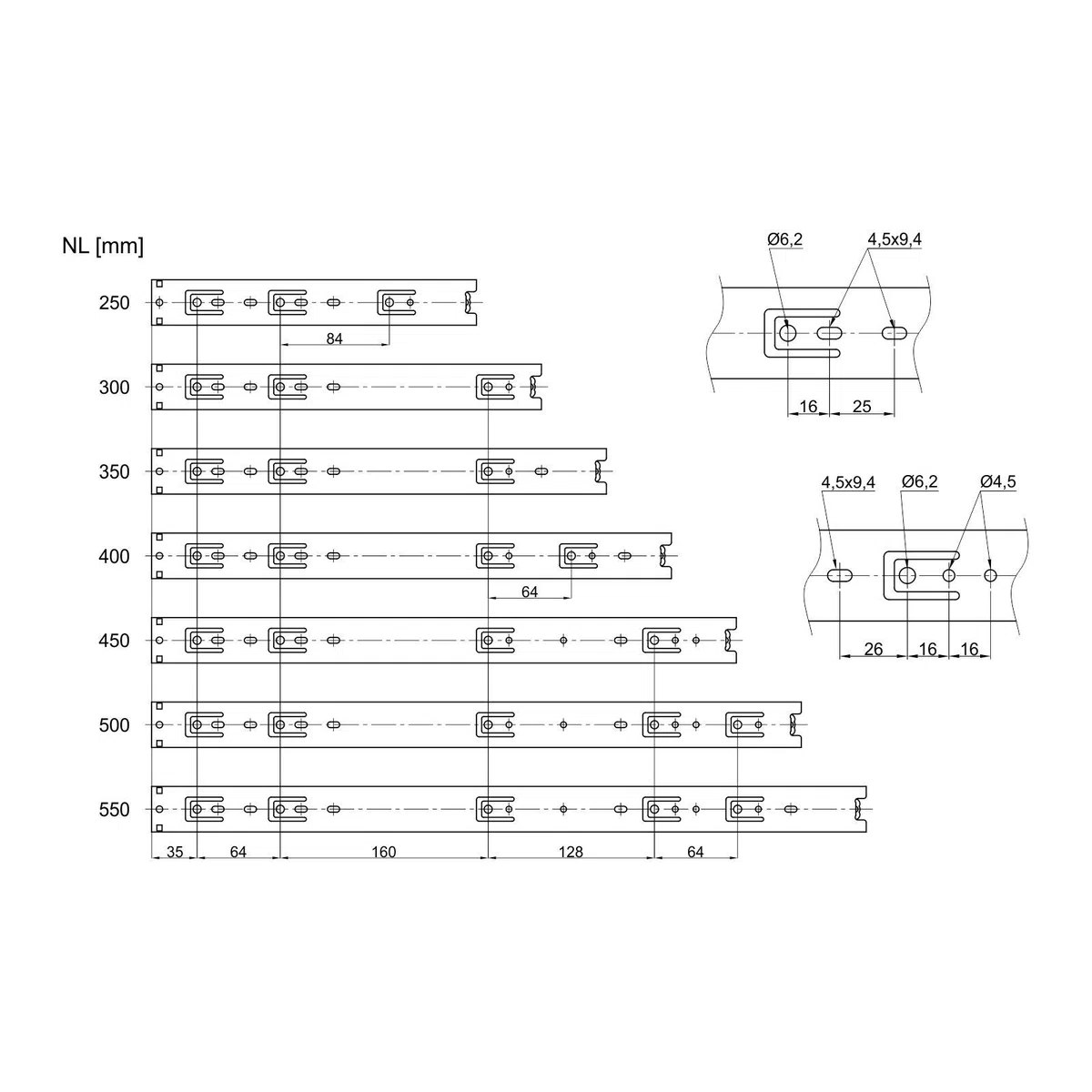 4 Paar Vollauszüge KV1-25-H35-L500-NF 500 mm Tragkraft 25 kg