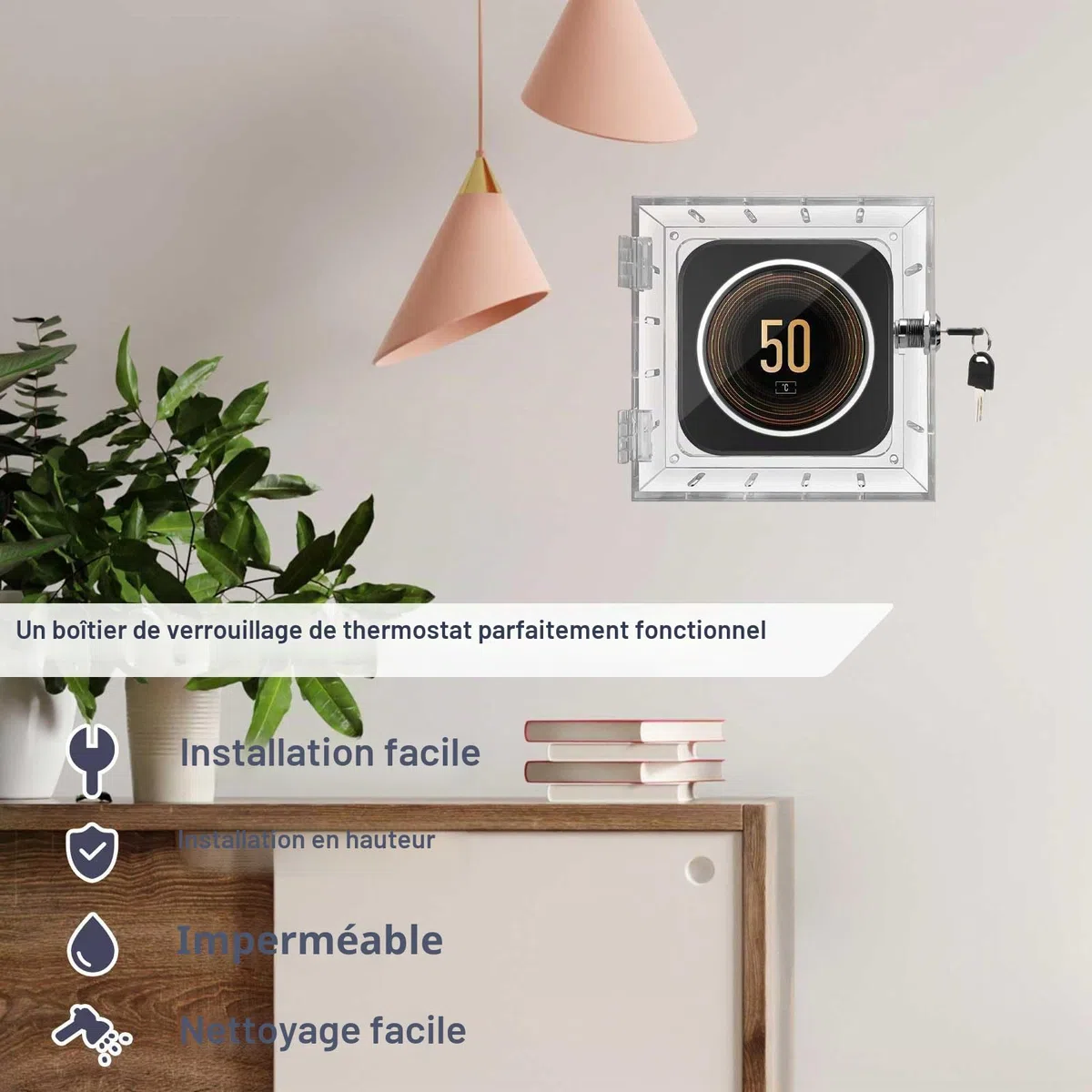Boîtier de verrouillage pour thermostat avec 2 clés, en acrylique transparent, couvercle de protection inviolable avec vis et boulons, empêche l'accès non autorisé pour la maison, le bureau, l'école