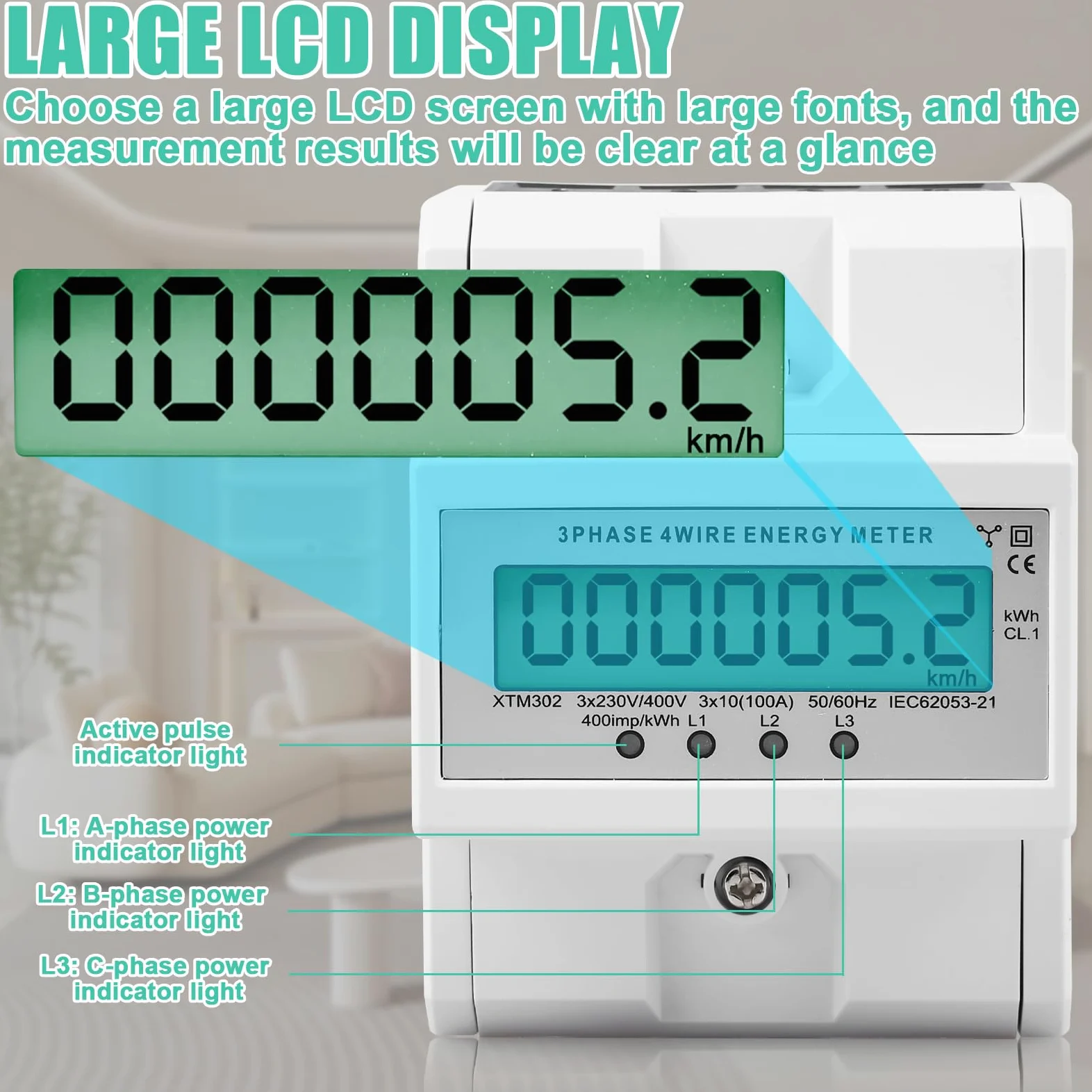 Compteur d'électricité triphasé, compteur triphasé 100 A, compteur d'électricité calibré avec affichage LCD, compteur d'électricité numérique 50/60 Hz, triphasé, 4 fils, pour rail DIN, sous-compteur,