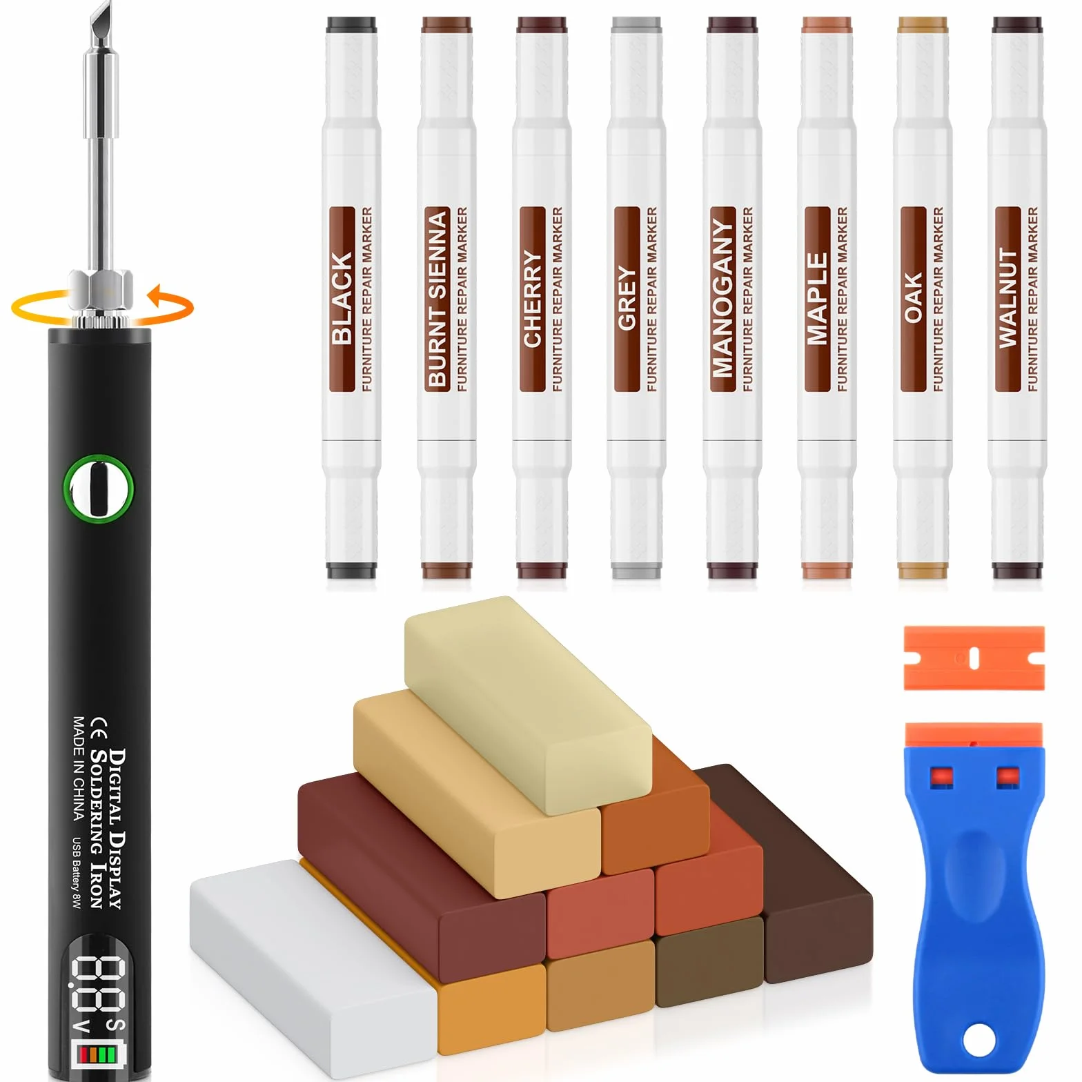 Kit Réparation Laminé, Parquet Vinyle, Mastic Bois, Outil Fusion Amélioré, 11 Couleurs Cire Dure, 8 Marqueurs Double Pointe. Répare Rayures, Fissures, Trous, Bosses Sur Meubles, Sols, Plans De Travail