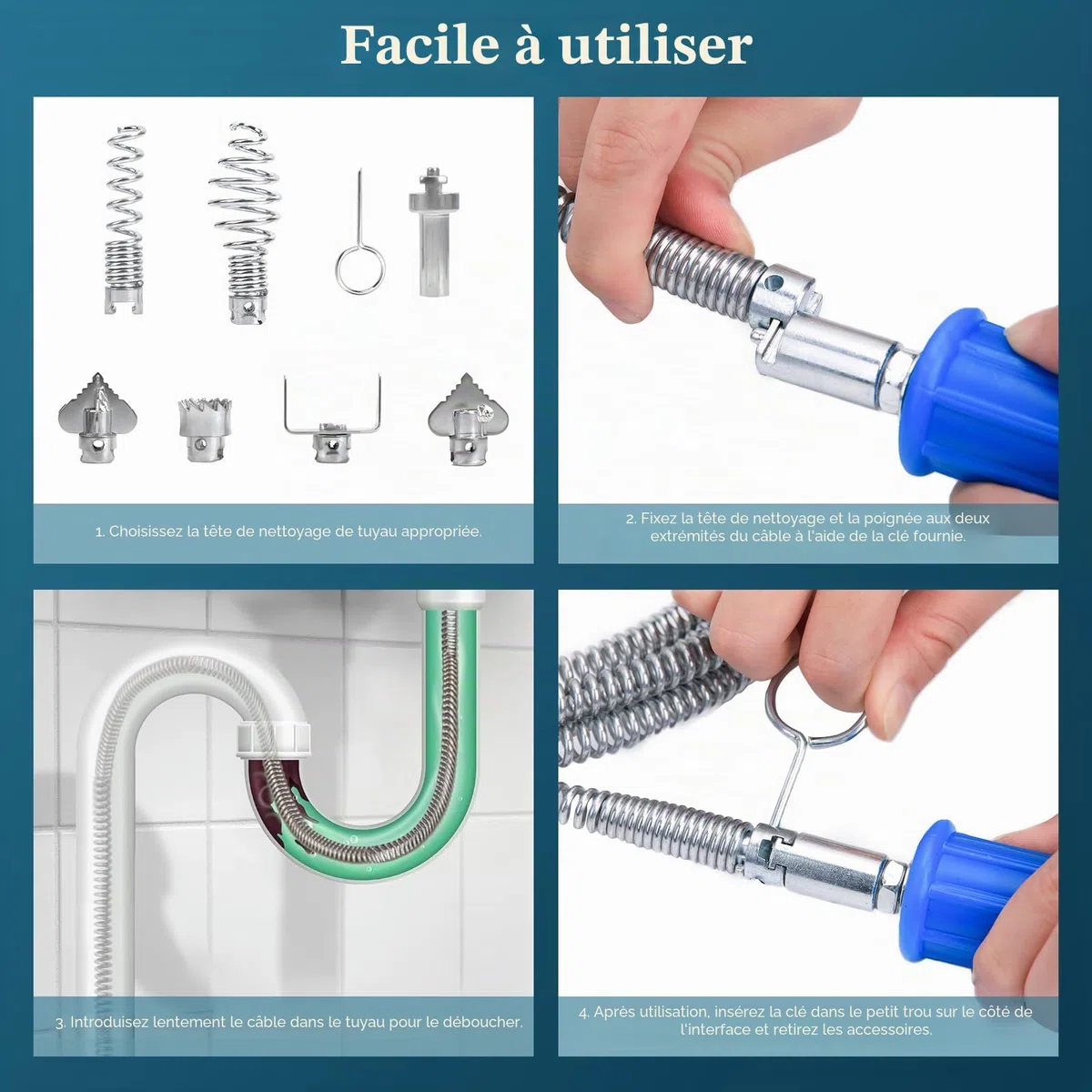 Furet Déboucheur Canalisation Kit avec 6 Têtes Industrielles | 5M Longueur, 12mm Diamètre avec Adaptateur Manuel & Électrique pour Débouchage Intensif et Nettoyage de Tuyauterie
