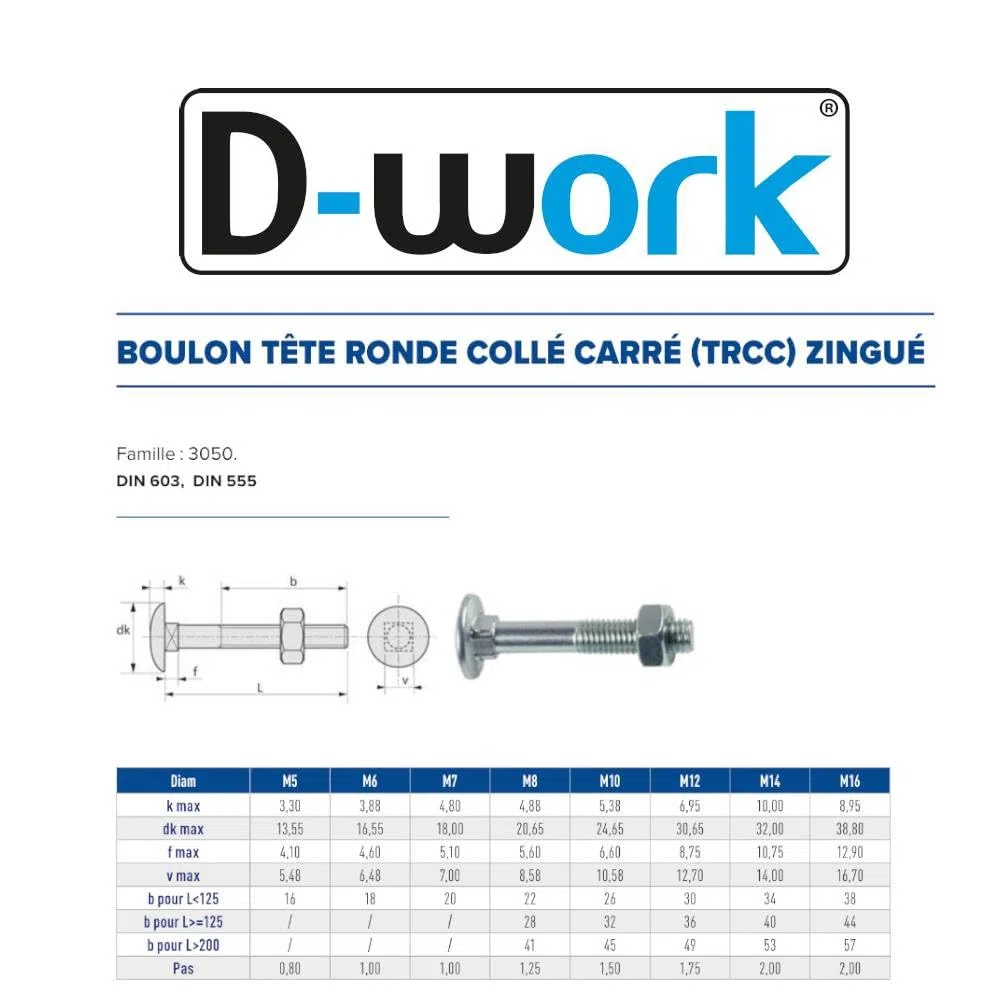 50 Boulons Tête Ronde Collet Carré TRCC 10 x 80 mm - DIN 603 - Zingué blanc - D-Work